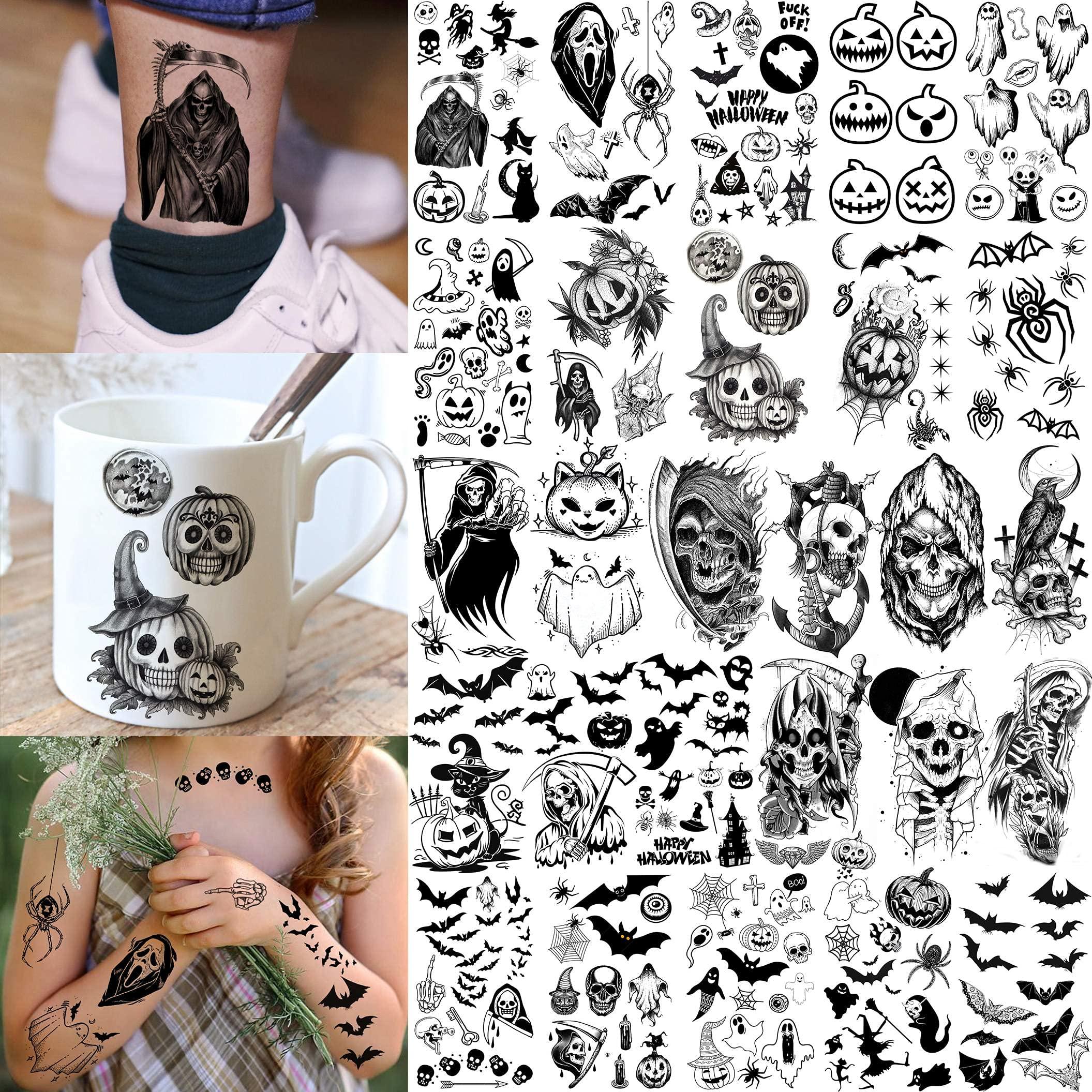 Shegazzi Shegazzi 52 Sheets Halloween Temporary Tattoos For Kids Boys Girls Women Men, 3D Scary Skull Skeleton Fake Tattoos Sticker For Adults, Small Ghost Vampire Bat Pumpkin Spider Temp Transfer Tatoos Devil