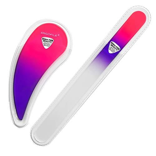 BONA FIDE BEAUTY Glass Nail File Manicure Set, Comfort Grip Ergonomic Drop Ergofile (Pink/Violet) Czech Glass with Glass Cuticle Pusher (Clear), Elegant Gift Nail Care Tools by Bonafide Beauty Genuine Czech Glass