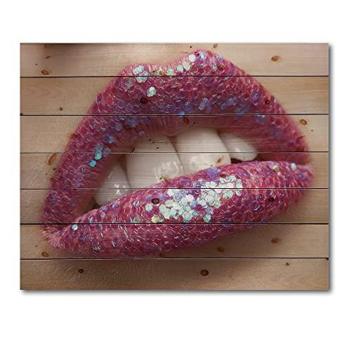 DesignQ DesignQ Woman Female Lips Pink Lipstick And Sequins Modern & Contemporary Wood Wall Decor, Pink Wood Wall Art, Large People Wood Wall Panels Printed On Natural Pine Wood Art