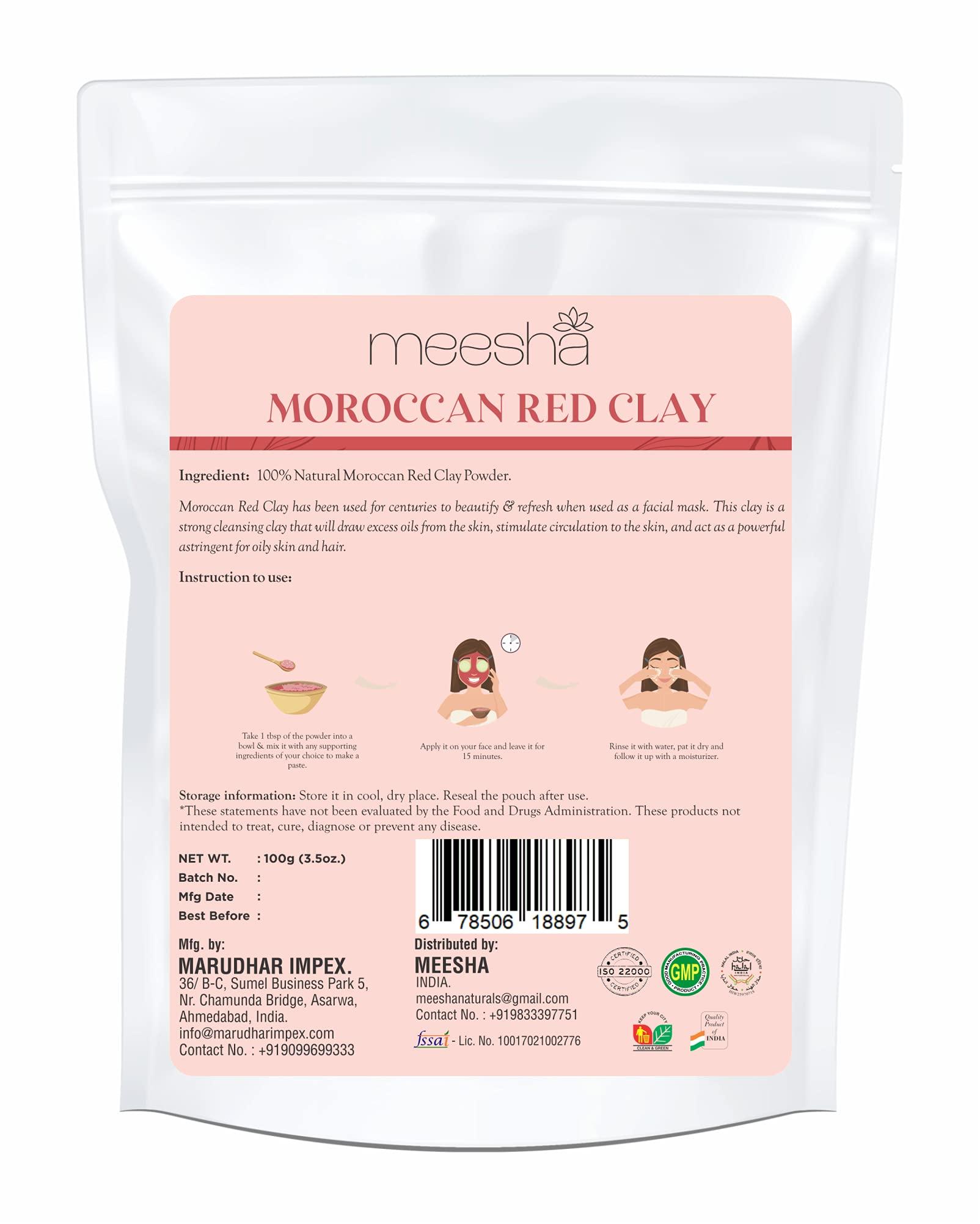 meesha meesha Moroccan Red Clay Powder Red Clay | 3.5 oz (100g) | Detoxifying, cleansing, oil-absorbing, hair-conditioning clay | DIY face masks, body scrubs, dry shampoo, hair shampoo| 100% Natural