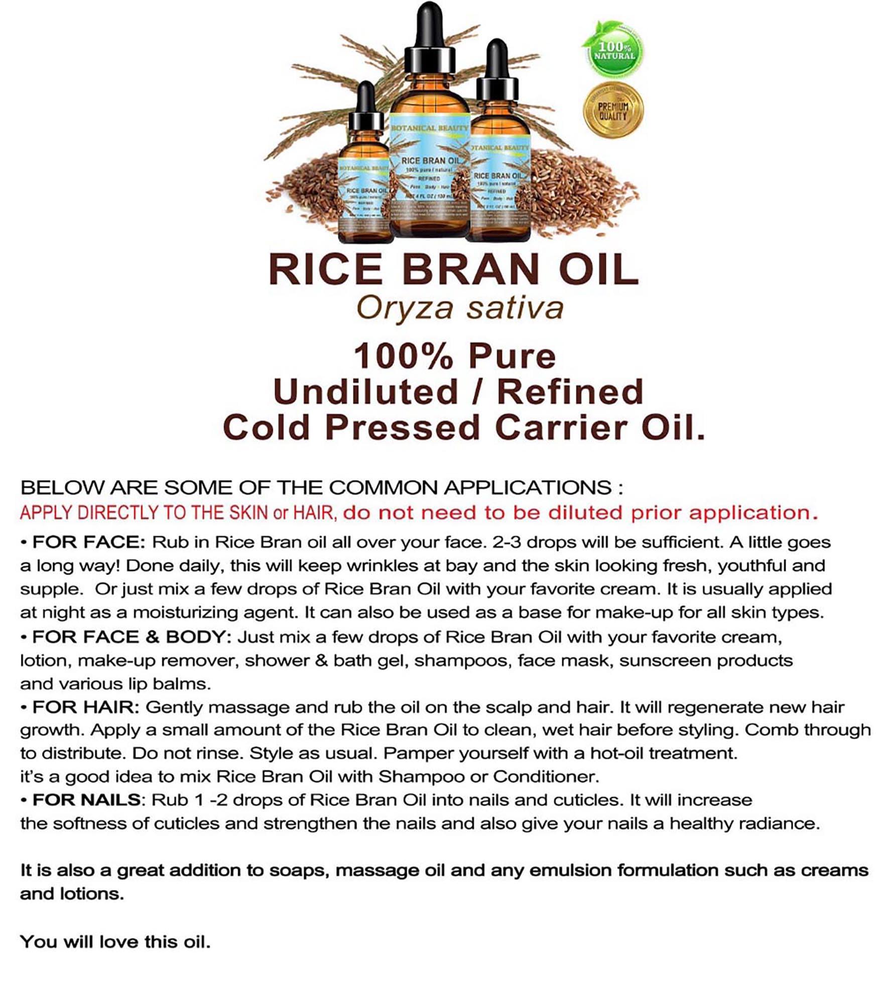 Botanical Beauty RICE BRAN OIL 100% Pure Natural Refined Undiluted Cold Pressed Carrier Oil for Face, Skin, Body, Hair, Massage, Nails. 2 Fl. oz - 60 ml by Botanical Beauty