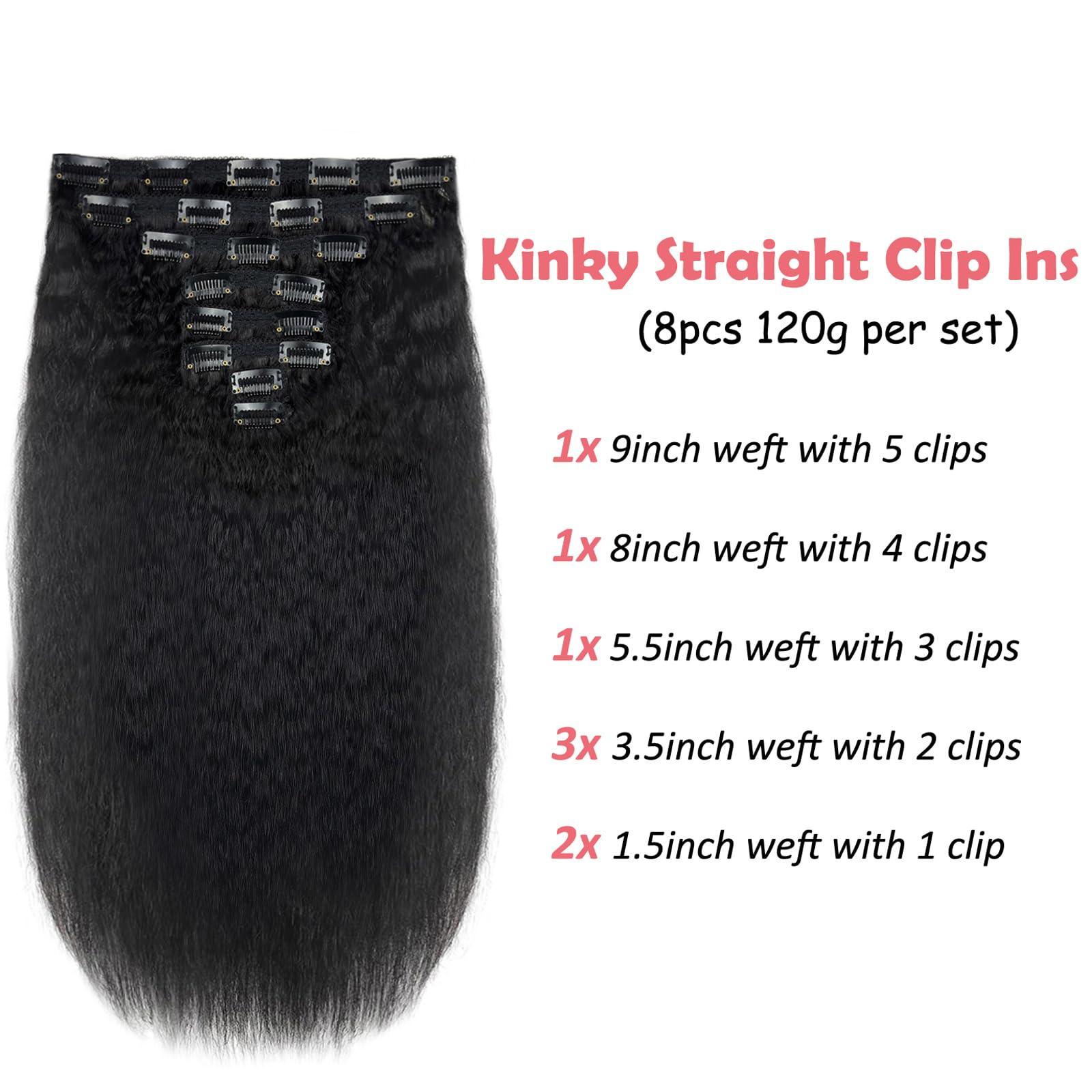 NEXLAYER NEXLAYER Kinky Straight Clip Ins Real Human Hair Black Women 120g 8pcs Kinkystraight Clip In 100% Human Hair Clipins Natural Hair Extensions For Black Women (Natural Black Kinky Straight, 14 Inch)