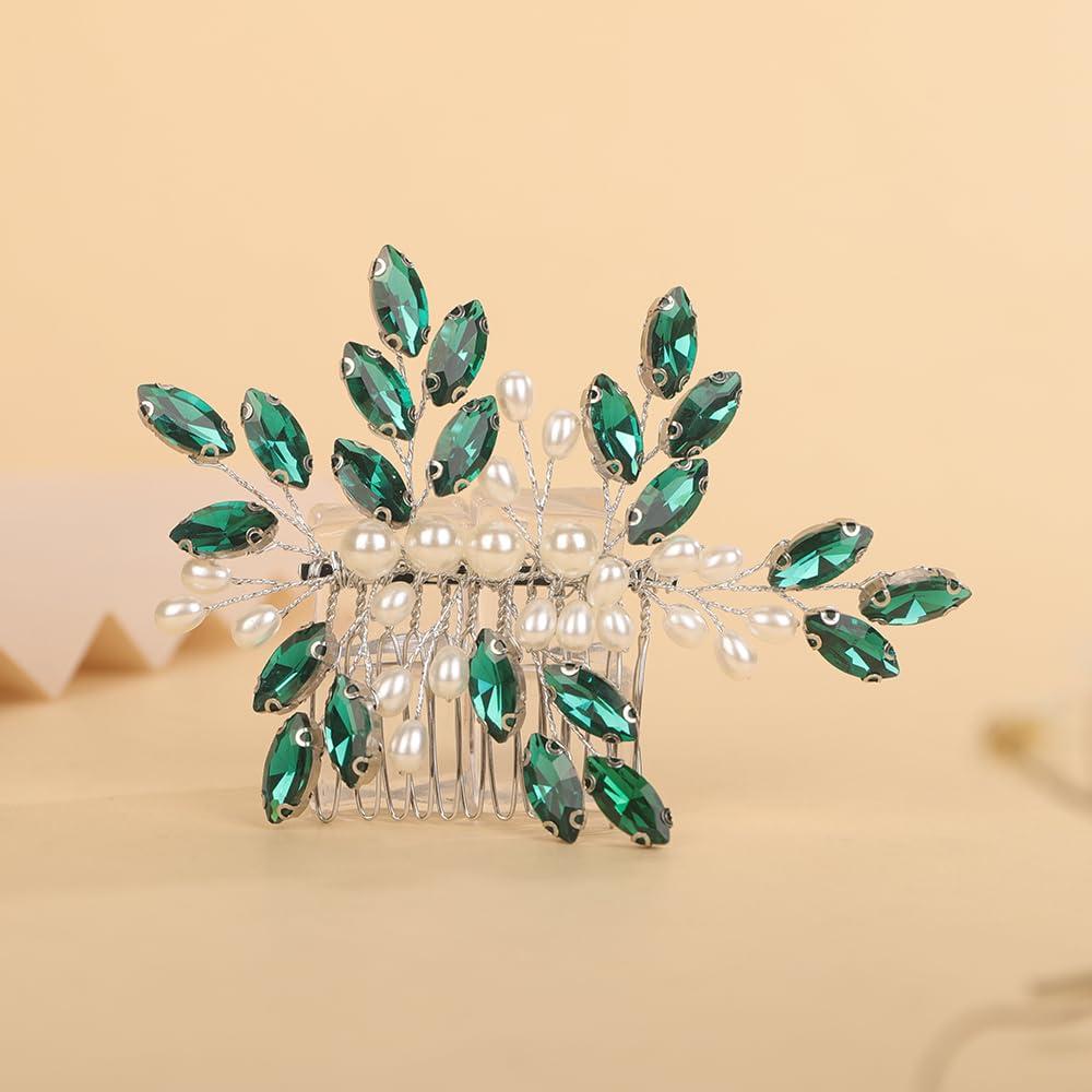 Teyglen Teyglen Emerald Green Rhinestone Wedding Hair Comb Bridal Pearl Crystal Hair Comb Hair Accessories for Bride Headpiece Hair Piece for Women (Peacock green)