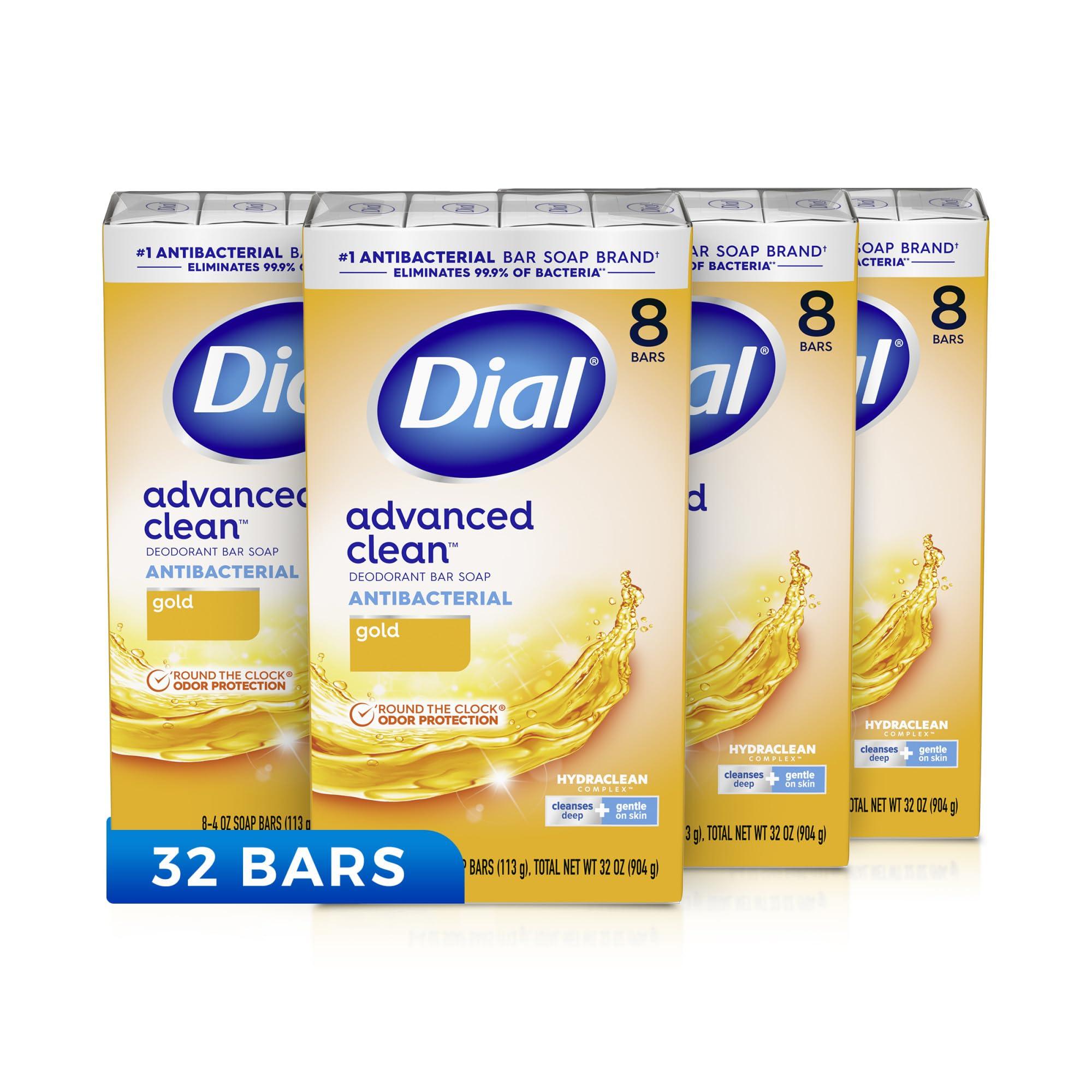 Dial Dial Antibacterial Deodorant Bar Soap, Advanced Clean, Gold, 4 oz, 32 Bars & Antibacterial Liquid Hand Soap Refill, Gold, 52 fl oz (Pack of 3)