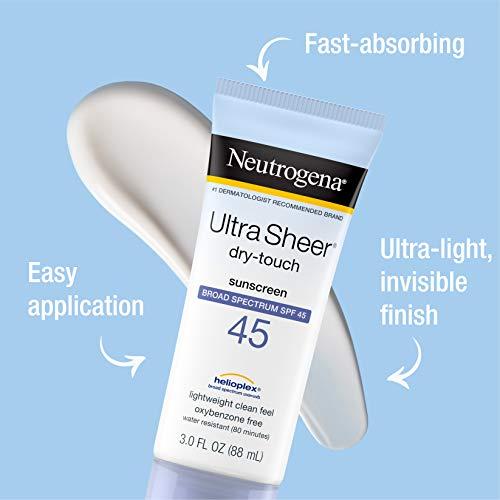 Neutrogena Neutrogena Ultra Sheer Dry-Touch Sunscreen Lotion, Broad Spectrum SPF 45 UVA/UVB Protection, Light, Water Resistant, Non-Comedogenic; Non-Greasy, Travel Size, 3 fl. oz