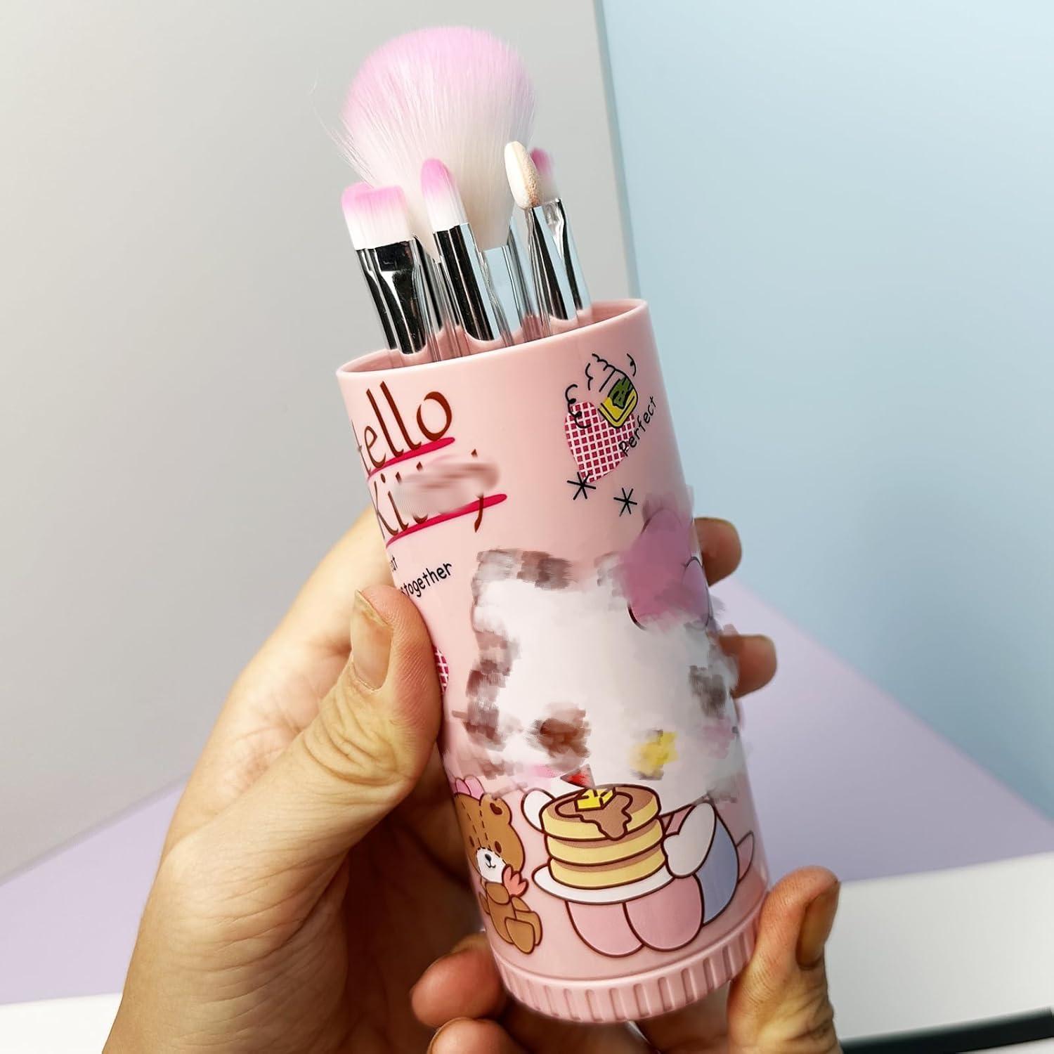 Holymid Kawaii Kitty 8PCS Makeup Brush with Storage Bucket and Headband, Cartoon Cat Cosmetic Makeup Brush Set Professional Tool Kit Set Brush Set Best Gift for Girl Women