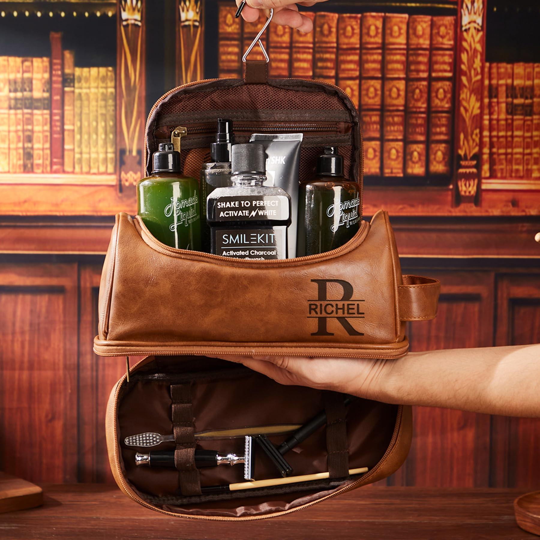 Munidow Munidow Personalized Toiletry Bag For Men, Customed Travel Bag with Hook, Handcrafted Leather Shaving Dopp Kit, Engraving Name Surprise for Groomsmen/Anniversary/Birthday/Husband/Dad -Brown
