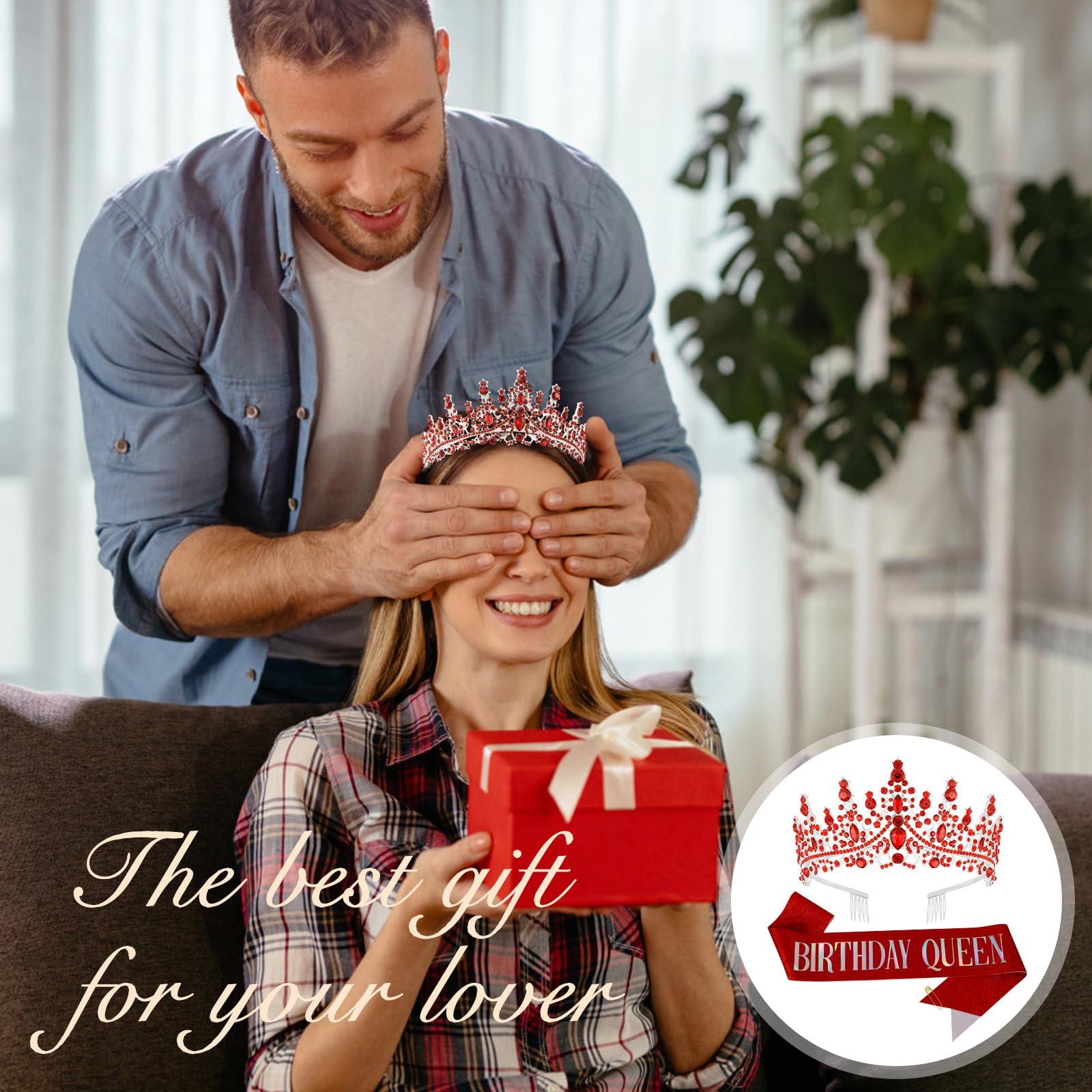 TIHEBAX Tihebax Birthday Queen Sash & Rhinestone Tiara Red Sliver Crown Birthday Sash and Tiara for Women Girls Princess Tiara Crown Birthday Accessories Headband and Sash for Girls