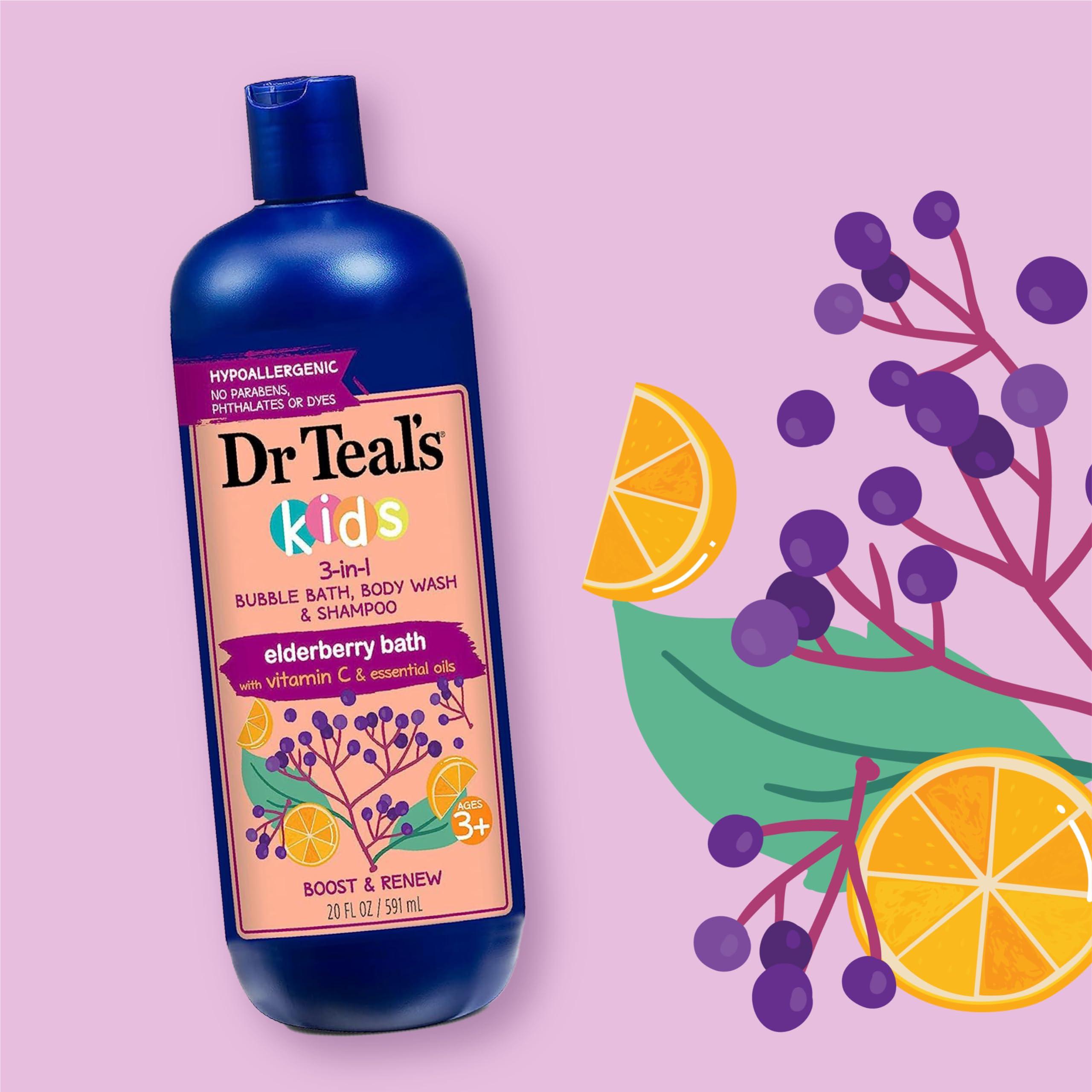 Dr Teal's Dr Teal's Kids 3-in-1 Elderberry Bath: Bubble Bath, Body Wash & Shampoo, 20 fl oz. & Kids Gentle Epsom Salt, Sleep Soak with Melatonin & Essential Oil Blend, 2 lbs (Pack of 3)
