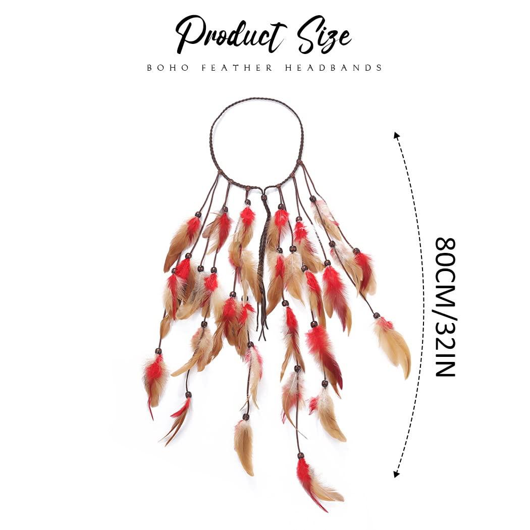 GORTIN GORTIN Boho Feather Headband Gypsy Costume Headdress Black Bohemian Hippie Headbands Indian Festival Hair Band Adjust Long Feather Headpiece Hair Accessory for Women and Girls (Red+Brown)