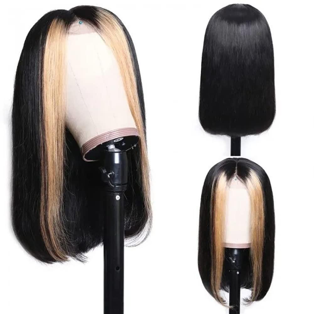 Wiggins Wiggins Skunk Stripe Wig Bob Wig Human Hair Honey Blonde Highlight Lace Front Wigs for Black Women Human Hair Short Straight Bob Wig Skunk Stripe Lace Front Wig Human Hair Hair 12 Inch