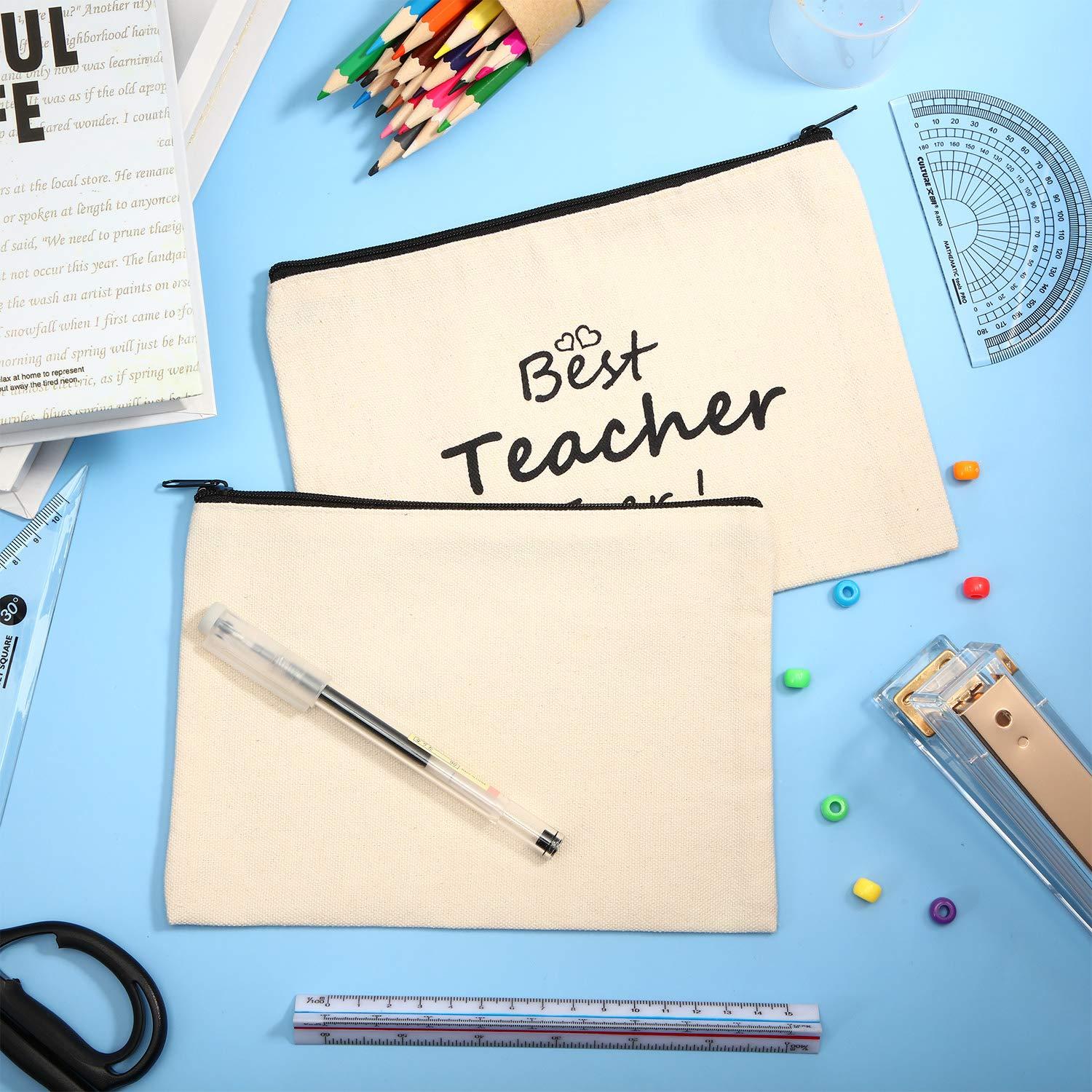 Frienda Frienda 12 Pieces Teacher Makeup Pouch Canvas Cosmestic Bag with Zipper Cosmetic Purse Travel Toiletry Case for Teacher Appreciation Gift (Heart Pattern)