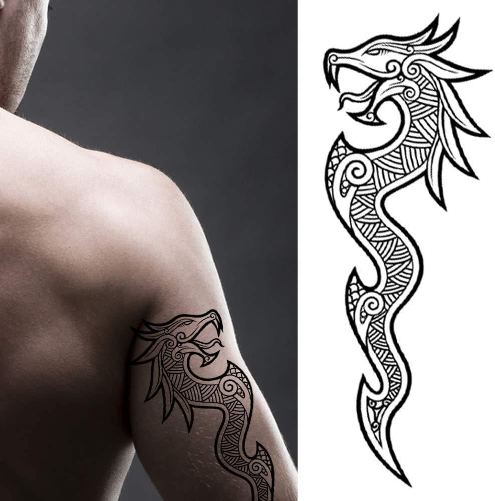 Tatodays Tatodays 2x Temporary tattoo viking dragon arm back body art stickers nordic celtic tribal middle ages medieval full adults men women arm leg sleeves fancy dress cosplay