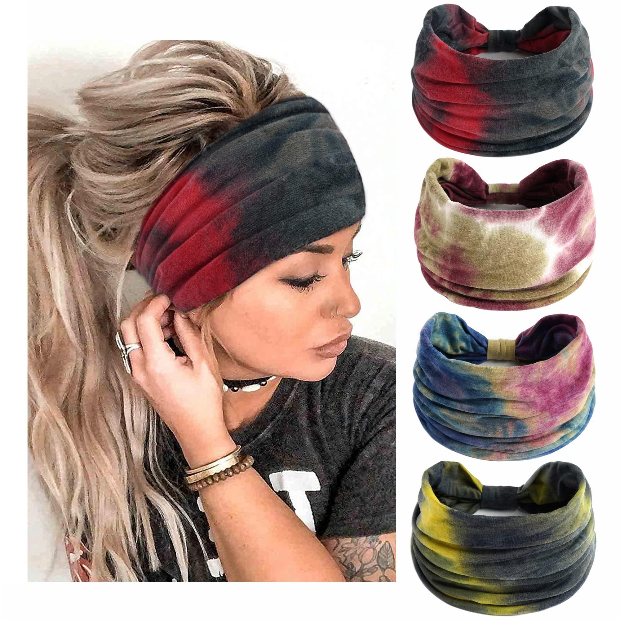 STGDAK STGDAK Boho Headbands For Women Fashion Stretch Wide Hair Bands Tie Dye Knoted Turban Head Bands Yoga Running Sweatband Elastic Headband Stylish Wrap Headbands Hair Accessories for Teen Girls 4 Pack
