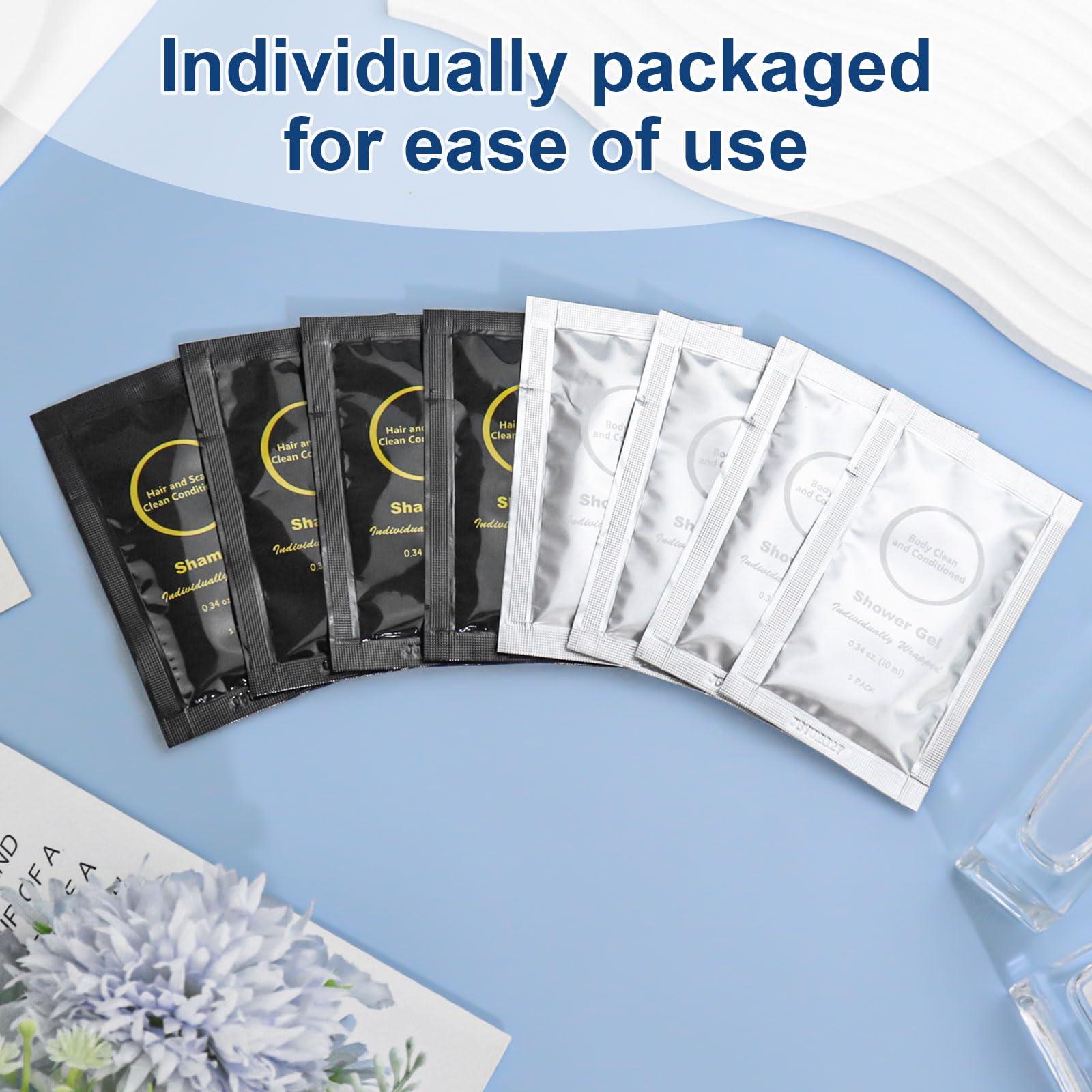 RSQAZQ RSQAZQ Travel Size Shampoo and Body Wash Bulk, Individually Wrapped Hotel Mini Shower Gel and Small Men Women Cleansing Toiletries Amenities for Hotel Guests/Vacation/Homeless 0.34 oz (100 Pack)