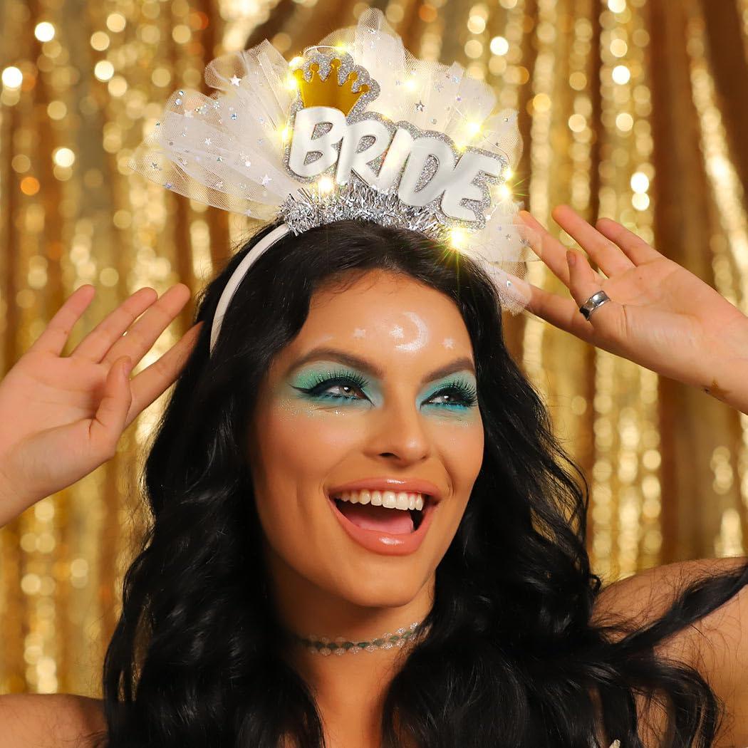 JEAIRTS JEAIRTS Light Up Bride Veil Headband LED Wedding Star Veil Crown Headpiece Glowing Bachelorette Party Hair Accessories for Women(1-Crown)