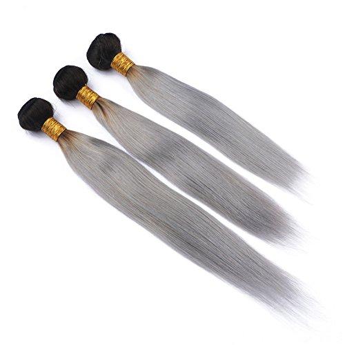 Generic Silver Grey Ombre Straight Human Hair Bundles Dark Roots Virgin Peruvian Human Hair #1B/Grey Ombre Weave Bundles 3Pcs Black to Grey Ombre Virgin Hair Weft Extensions 10-30" (14 16 16)