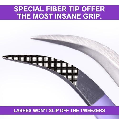 CL CAMILLASH Fiber Tip Lash Tweezers For Eyelash Extension Tweezers Professional Artist Tech Work Kit Tools,Best Volume Eyelash Lashes Extensions Purple Tweezers Precision Supplies(Curved)