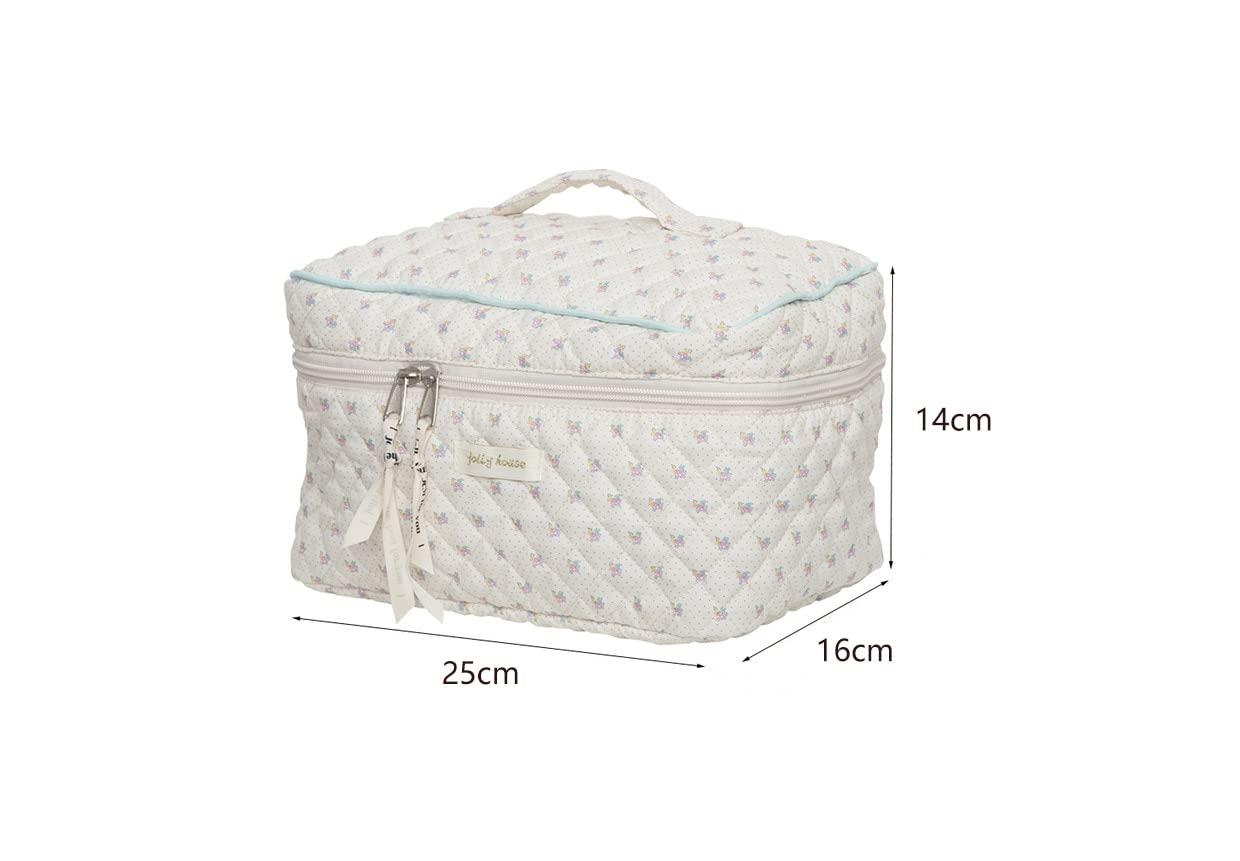 GESALOP GESALOP Cute Quilted Cotton Makeup Bag Lady\'s Zipper Cosmetics Organizer Portable Girl Kawaii Toiletries Box Y2K Accessories (White)