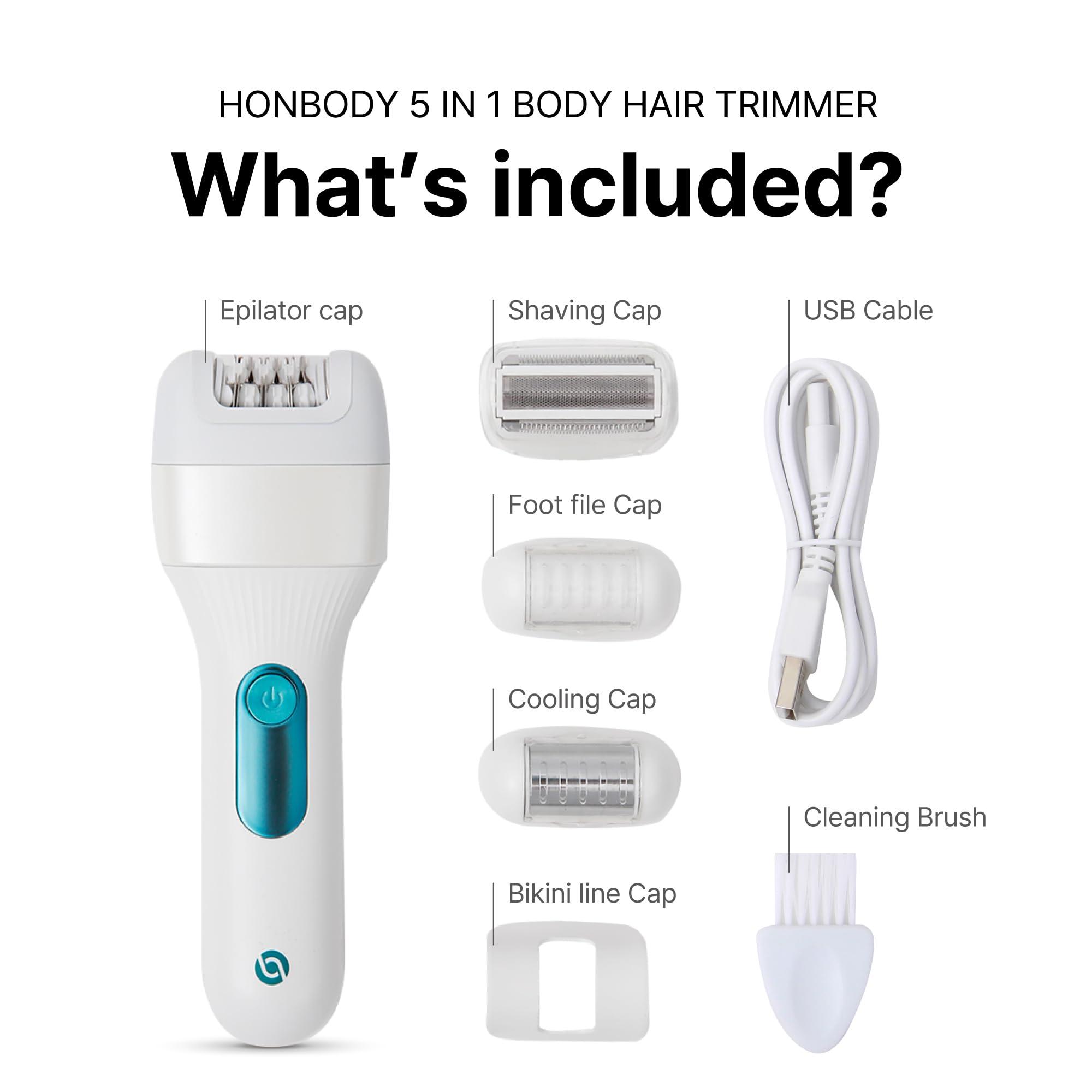 honbody Epilators V3 Body Hair Removal Device for Women Men, 5-in-1 Cordless Rechargeable, with 5 Accessories Includes Shaver Head, Foot File, Cooling, and Bkikini Line Cap