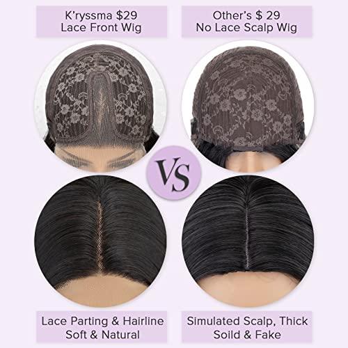 K'ryssma K'ryssma Black Synthetic Lace Front Wig Body Wave 180% Density Glueless Long Black Wig for Black Women T Part Black Wavy Synthetic Wig with Natural Hairline