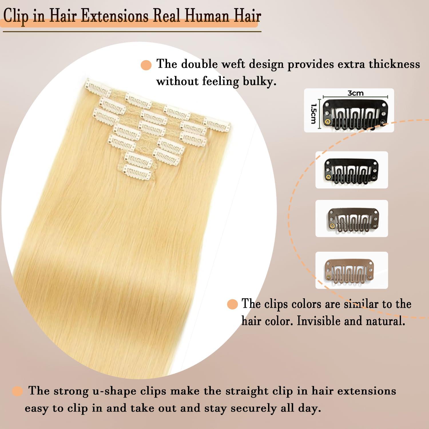 Houlud Blonde Clip in Hair Extensions Real Human Hair Straight 24 Inch 7pcs 120g Clip ins Hair Extensions Brazilian Remy Human Hair 16 Clips Double Weft Human Hair For Women