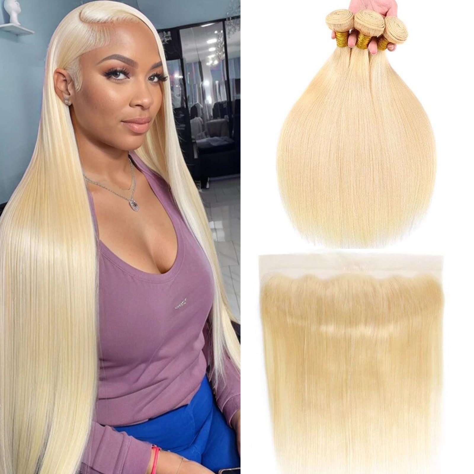 Binlvexin 613 Blonde Bundles Human Hair with Closure Frontal Blonde Human Hair 3 Bundles with 13x4 HD Frontal Closure 222426+20 613 Frontal Blonde Brazilian Virgin Straight Human Hair Weave