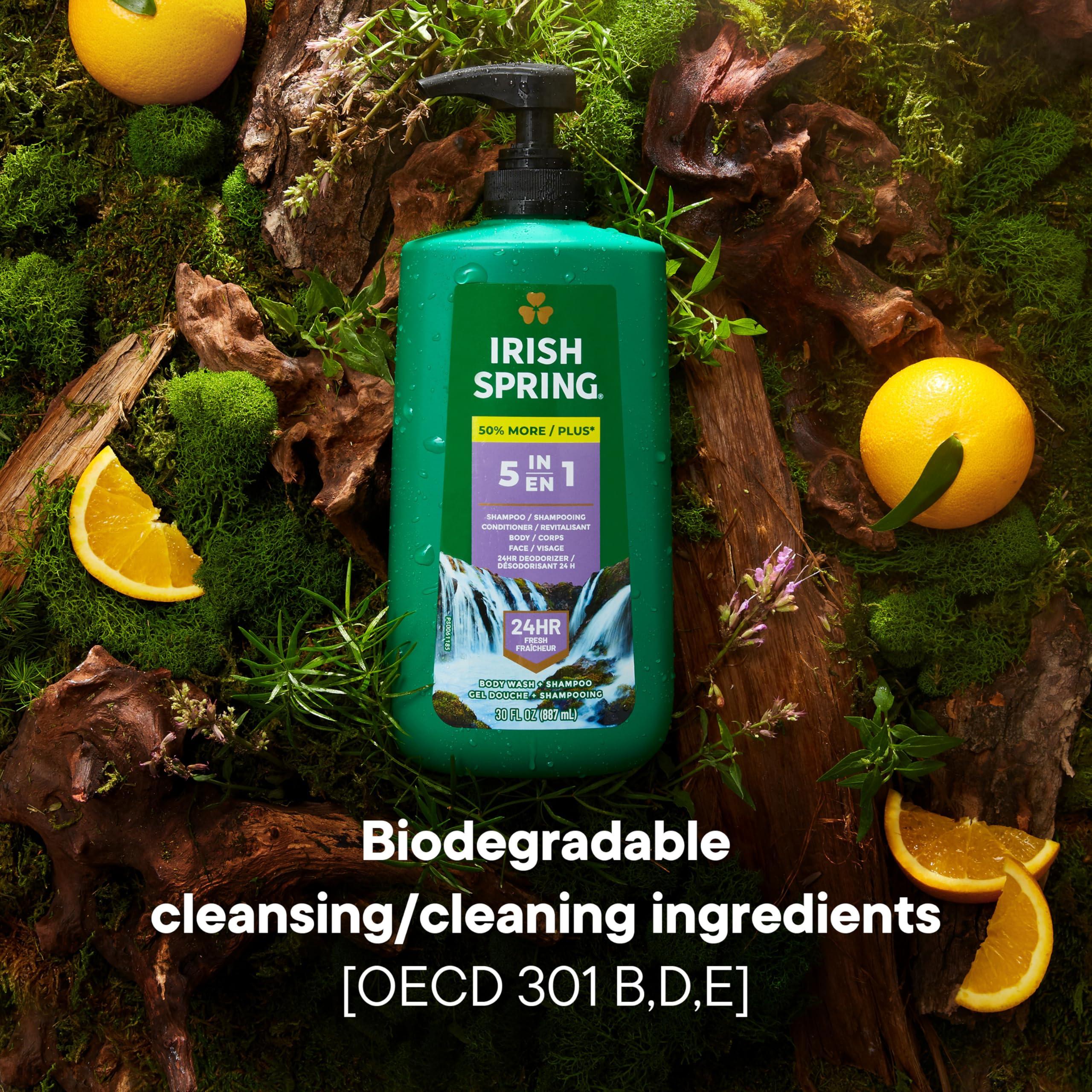 Irish Spring Irish Spring 5 in 1 Body Wash for Men, Men\'s Body Wash, Smell Fresh and Clean for 24 Hours, Conditions and Cleans Body, Face, and Hair, Made with Biodegradable Ingredients, 30 Oz Pump