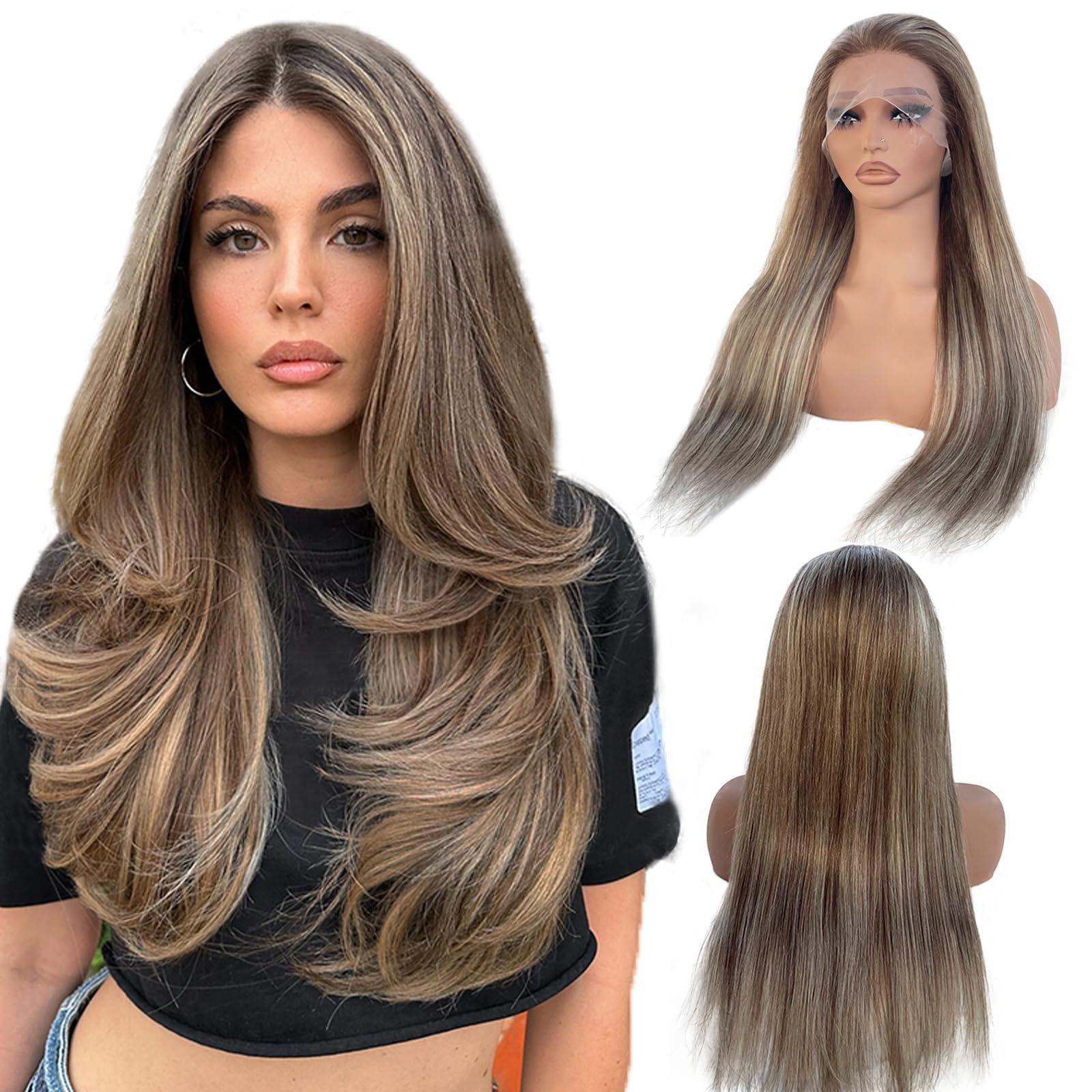 Munx Highlight Straight Lace Front Wigs Human Hair, Pre Plucked Ombre Brown 13x4 HD Transparent Lace Front Wigs Balayage Chestnut Brown Mixed Blonde 180% Density Full Frontal Wigs Long 32in