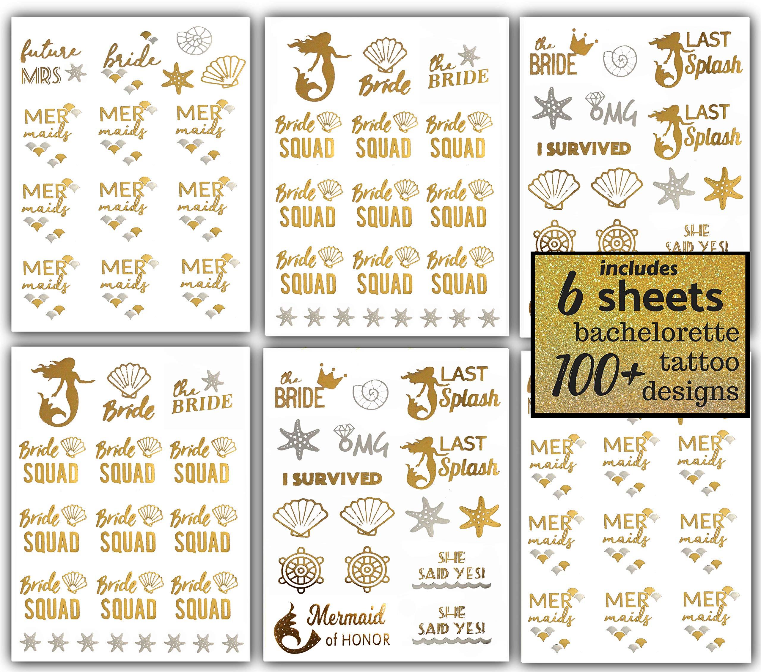 Bachelorettesy Bachelorettesy Wedding Temporary Tattoos 6 Sheets Bride Bachelorette Stickers 100+ Metallic Gold Tattoos for Bridal Party, Bachelorette Trip, Bridal Shower Party Decorations, Party Favors (Jewel)