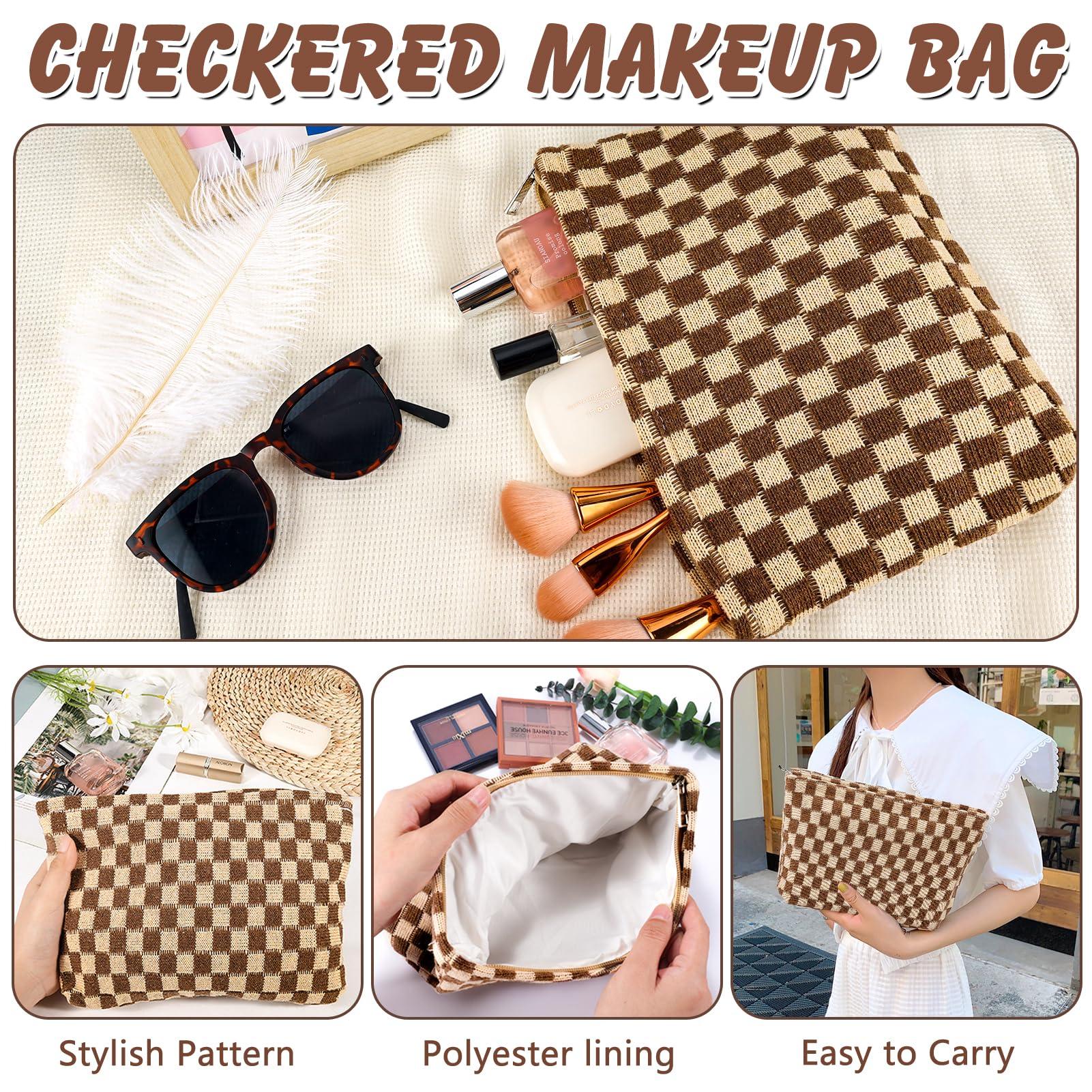 ZLFSRQ Checkered Makeup Bag for Women Large Brown Travel Cosmetic Bag Makeup Pouch for Purse Zipper Toiletry Organizer Kwaii Washable Cute Y2K Aesthetic Trendy Adults Makeup Brushes Storage Bag