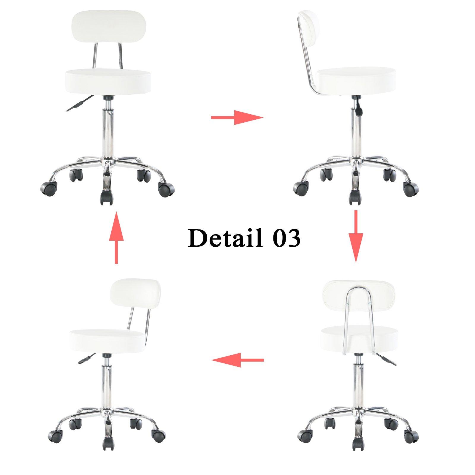 Artechworks Artechworks Adjustable Rolling Swivel Massage Stool for Salon Spa Tattoo Facial Medical Office Chairs with Backrest Wheels and Metal Plate Frame White (1 Pcs)