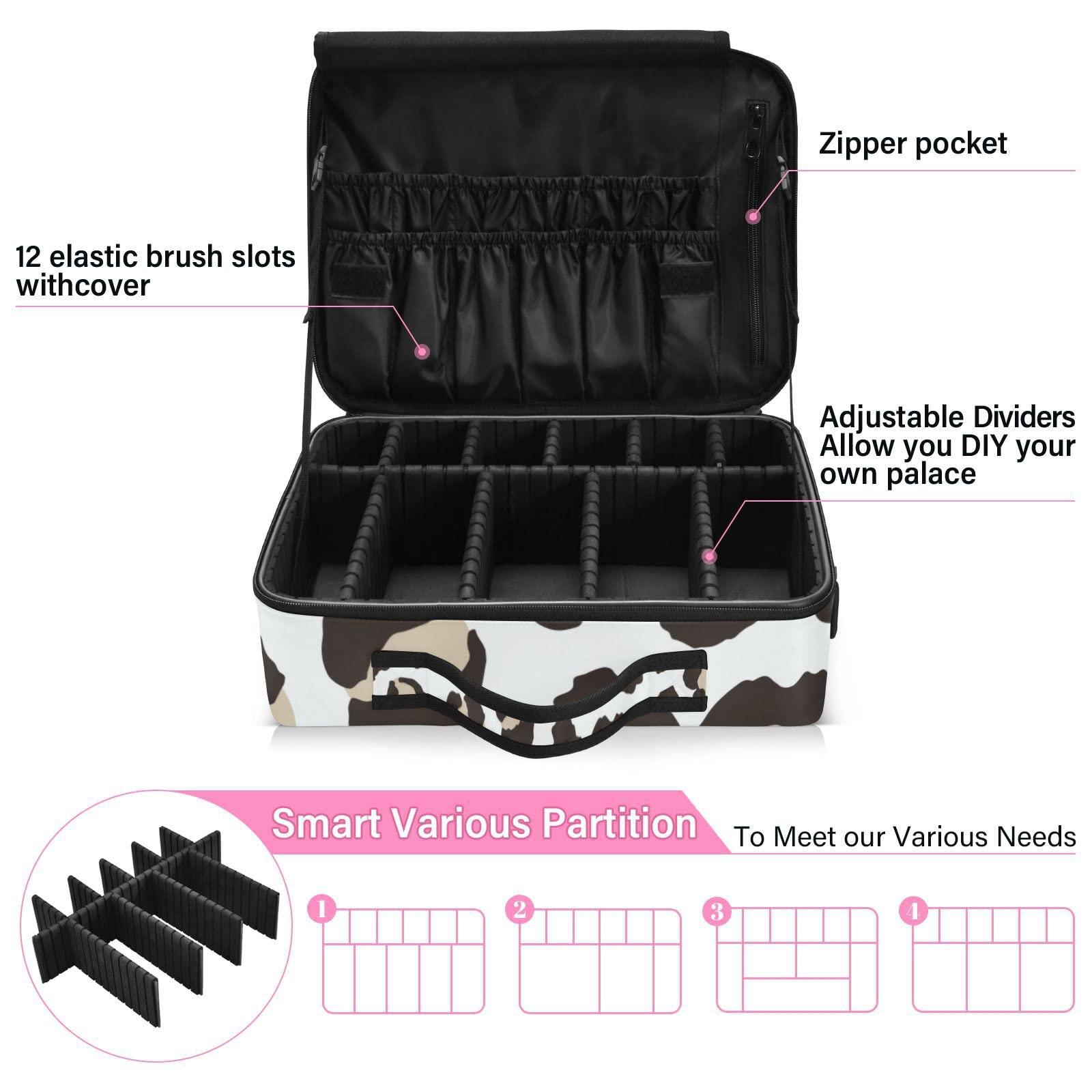 KLL KLL Leopard Print Pattern Large Capacity Cosmetic Case Travel Makeup Train Case with Adjustable Dividers and Shoulder Strap Portable Storage Bag for Toiletry Makeup Brush Jewelry Travel Accessories