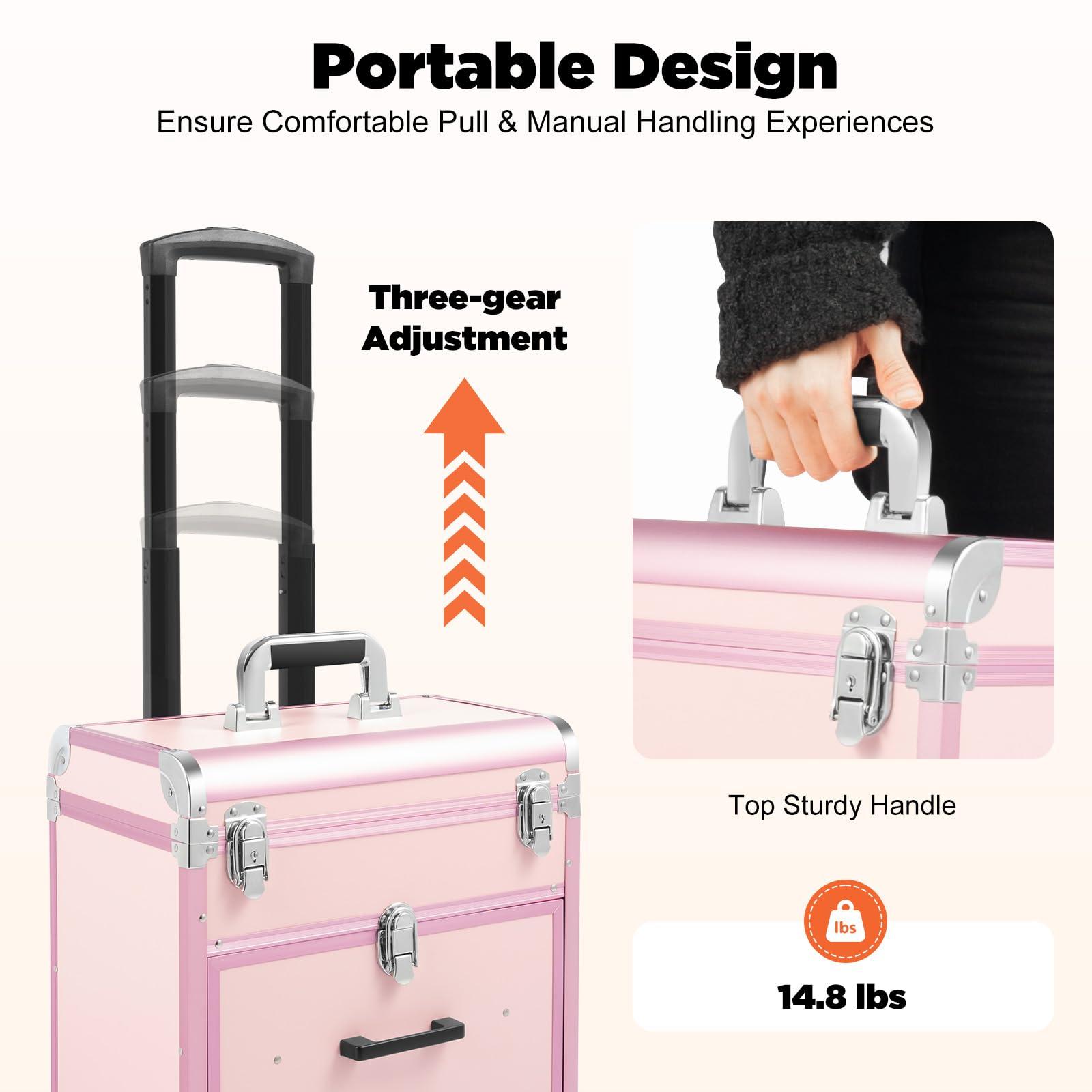 KeruRome KeruRome Professional Rolling Makeup Train Case Large Cosmetic Trolley with Locks Makeup Cart with Wheels Aluminum Nail Tech Travel Case Portable Makeup Station, Pink