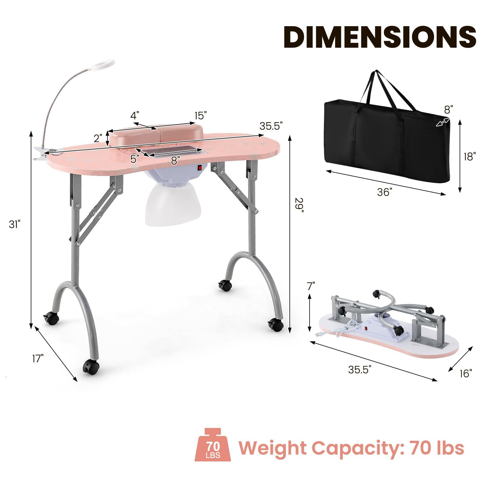 WELLHUT WELLHUT Nail Tech Table Vented Manicure Table w/LED Lamp, Dust Collector, Carry Bag & Soft Cushion, Portable Nail Tables w/Universal Mute Wheels for Nail Lovers Home Spa Beauty Salon