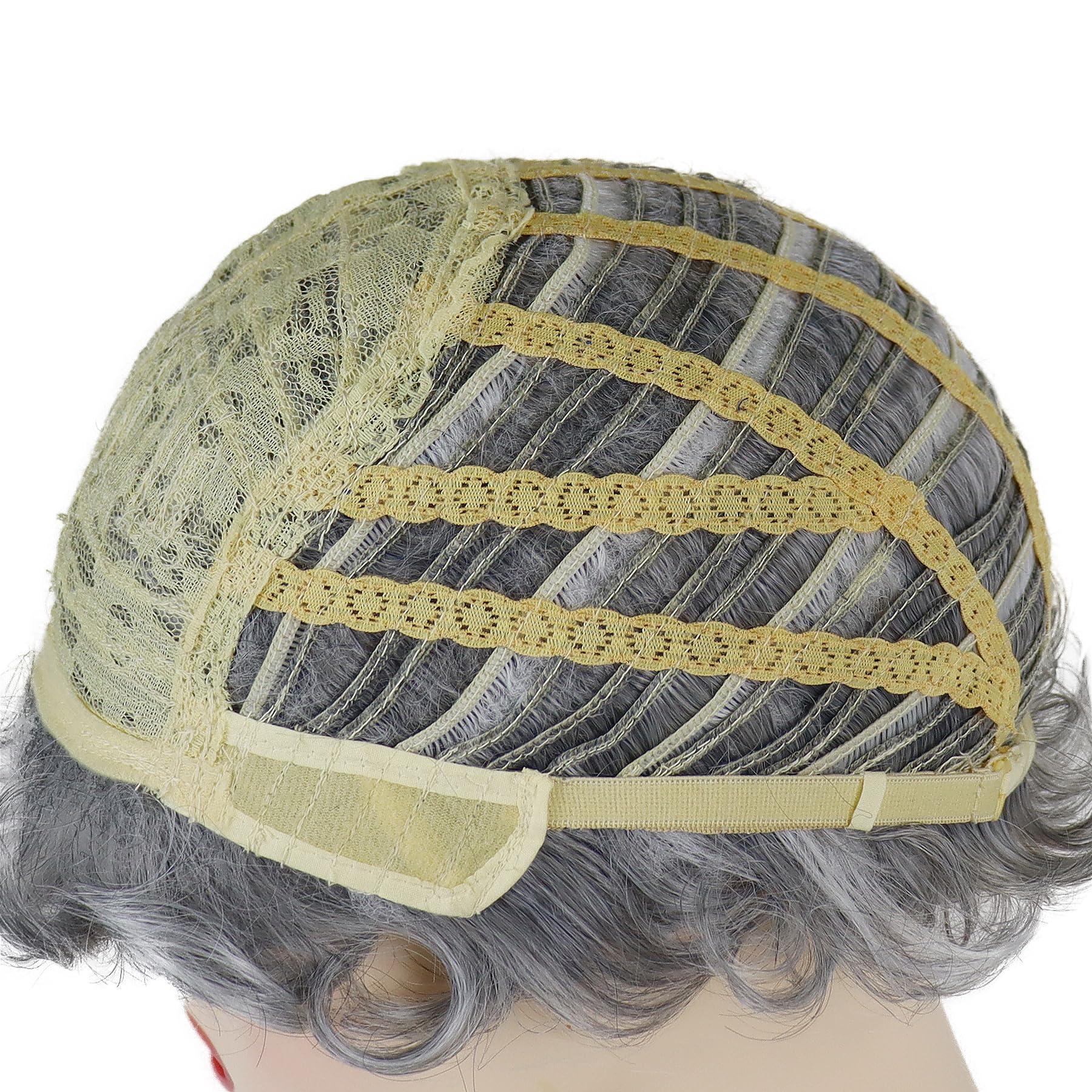 GNIMEGIL GNIMEGIL Old Lady Wig Short Dark Grey Curly Grandma Wig with Bangs Cosplay Costume Halloween Christmas Wig Accessories 4pcs Set(Wig+Glasses+Necklace+Chain)