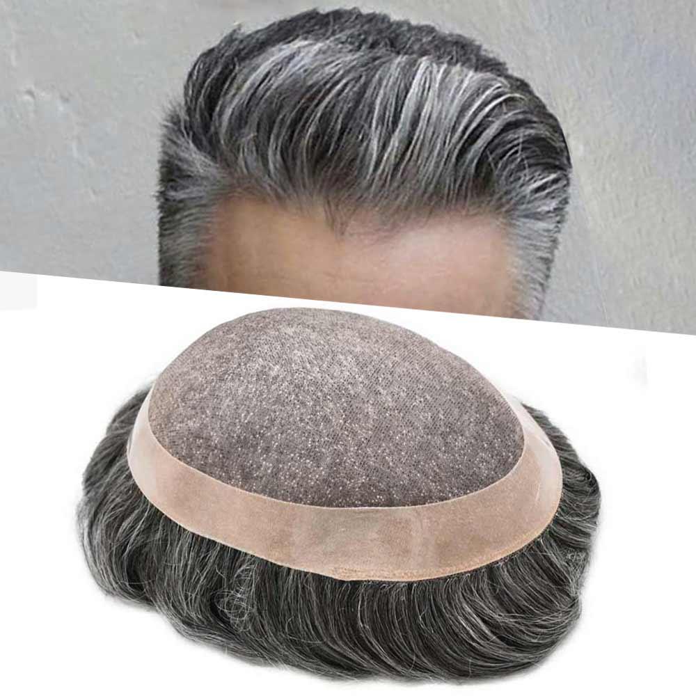 Hair Wonders Mens toupee hair replacement system for men hairpieces toupee for men real human hair pieces for men hair systems Protesis Capilar Para Hombre US Stock7x10-#1B50 1B# OFF BLACK+50% GREY