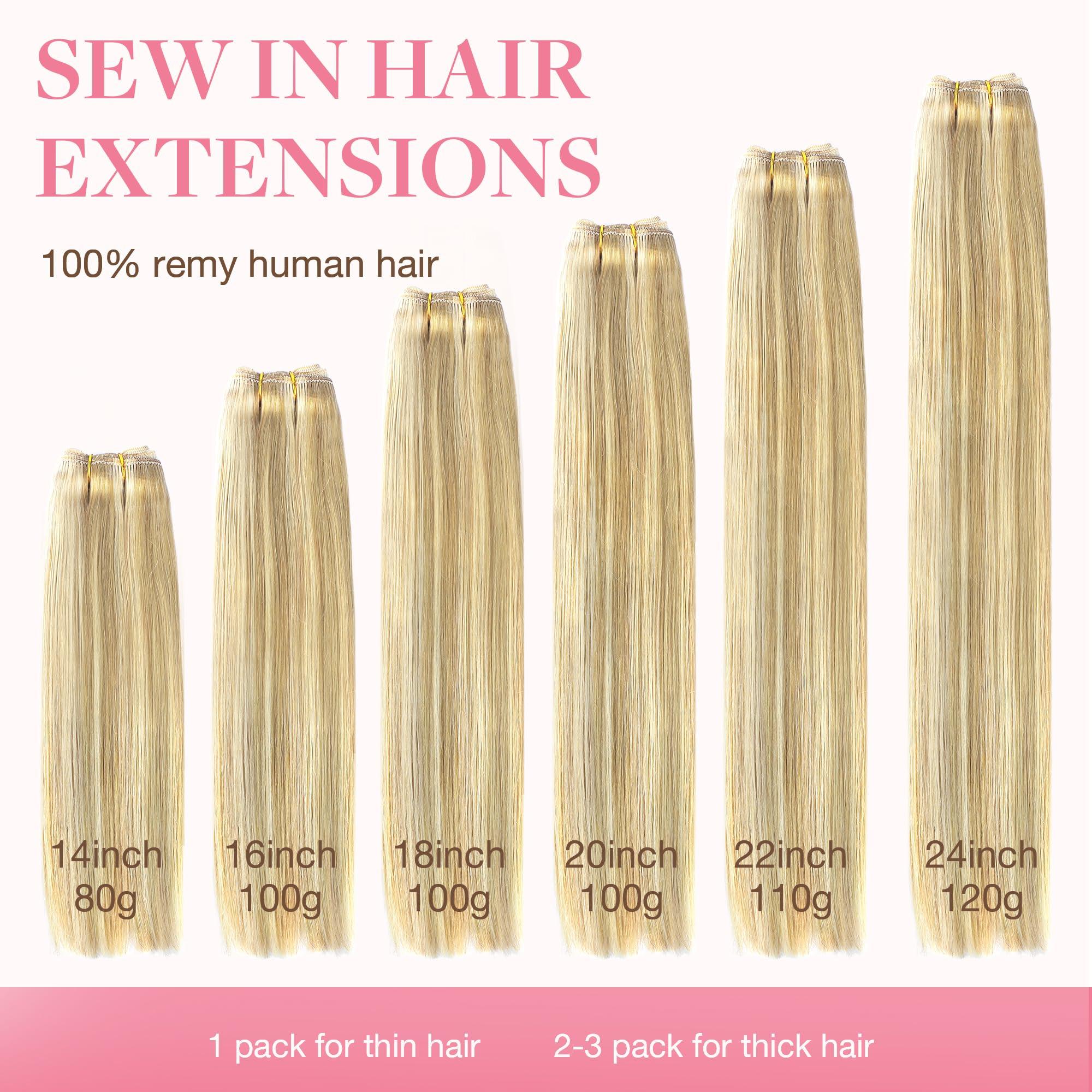 GOO GOO GOO GOO Sew in Hair Extensions Real Human Hair, Weft Hair Extensions Human Hair, 18D/22F Dirty Blonde Highlights 22inch 110g, Weft Bundles Straight Silky Remy Hair