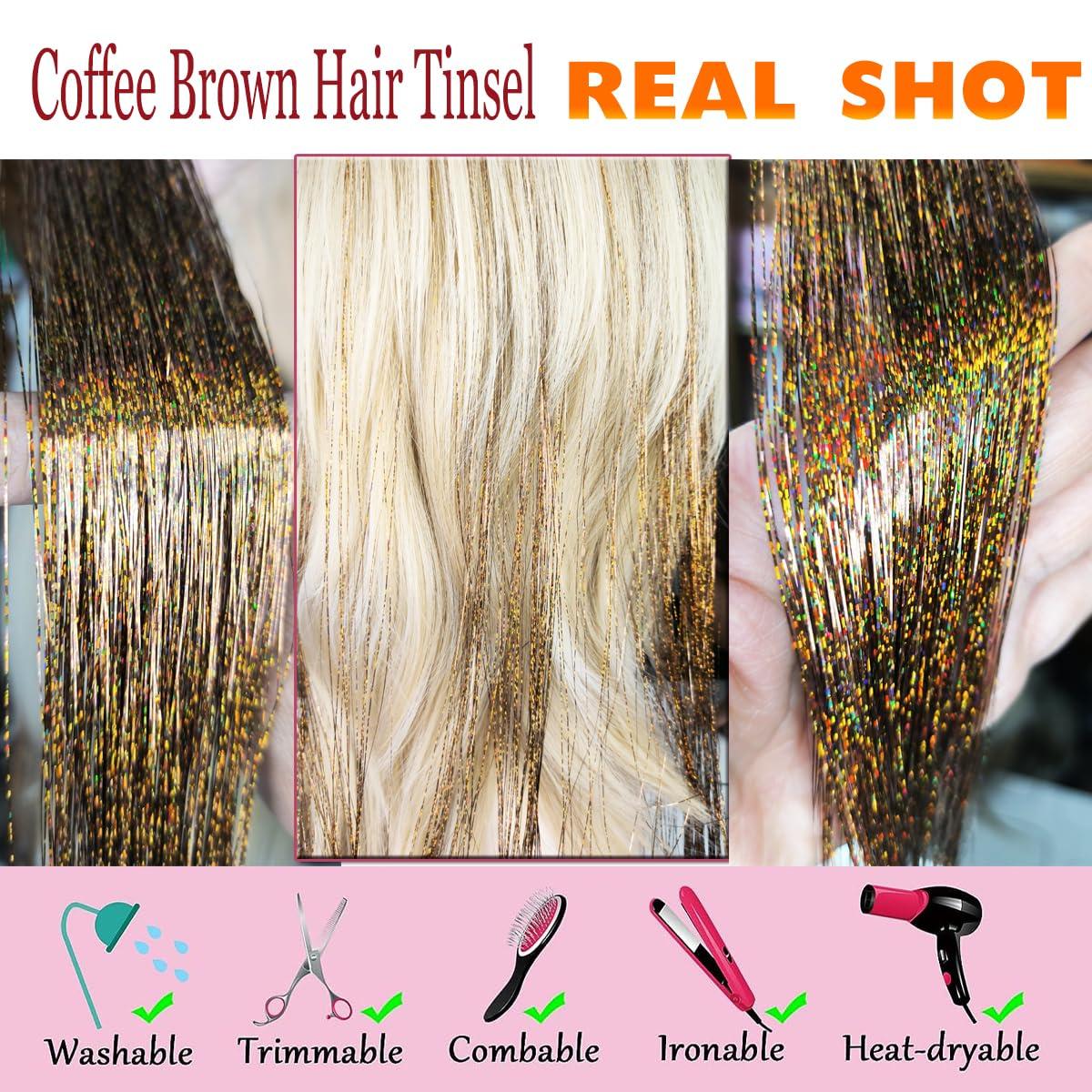 CelineBella CelineBella Coffee Brown Hair Tinsel Clip in for Cosplay Party Festivals(24 Inch Pack of 6Pcs, Coffee)