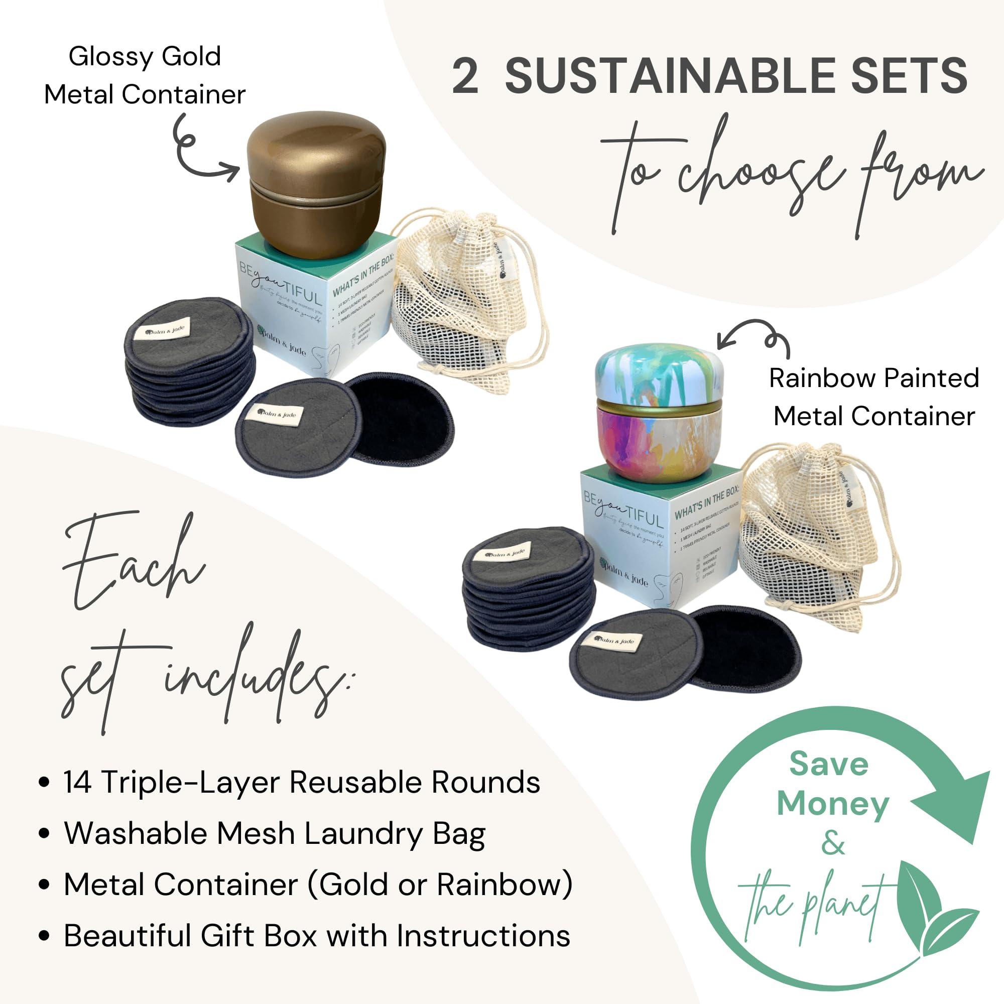 Palm & Jade Reusable Cotton Rounds for Face Pads for Toner | Triple-Layer Reusable Makeup Remover Pads with Exfoliating Cotton Rounds Holder & Laundry Bag | Charcoal Bamboo Facial Cloths (Glossy Gold)