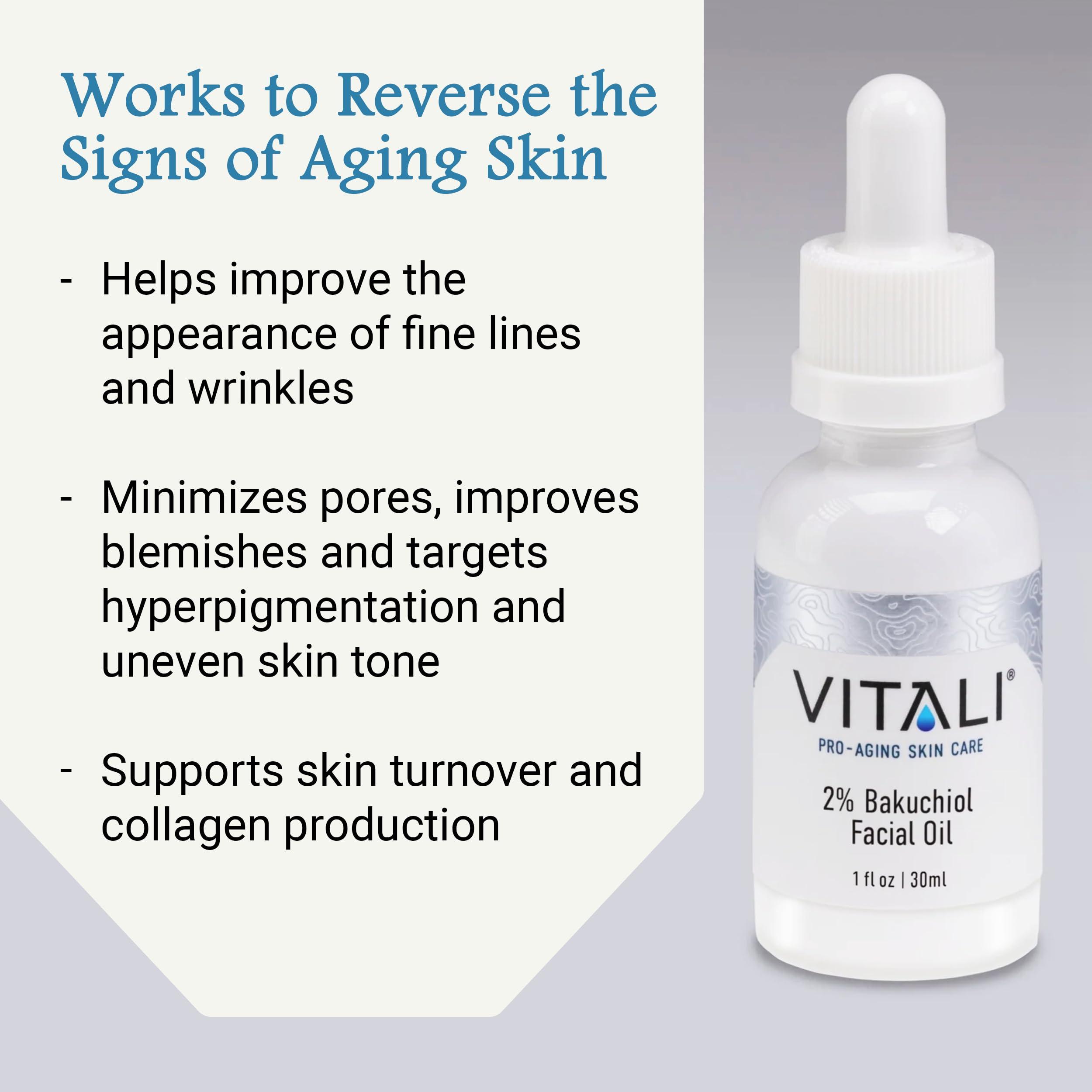 Vitali Vitali Premium 2% Bakuchiol Facial Oil: Premium Natural Retinol Alternative for Age and Wrinkle Reduction, and Soothing Irritated Skin, Boosts Copper Peptide Absorption- 1 fl. oz.