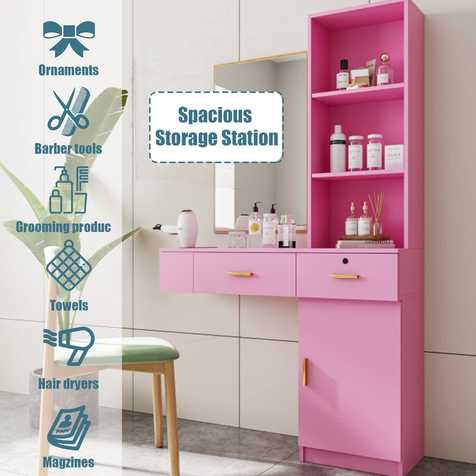 MTFY MTFY Wall Mount Barber Station Cabinet, Modern Hair Styling Salon Cabinet Storage Organizer Hair Salon Spa Equipment Barber Stations with Locking Drawer, 3 Shelves and 3 Hairdryer