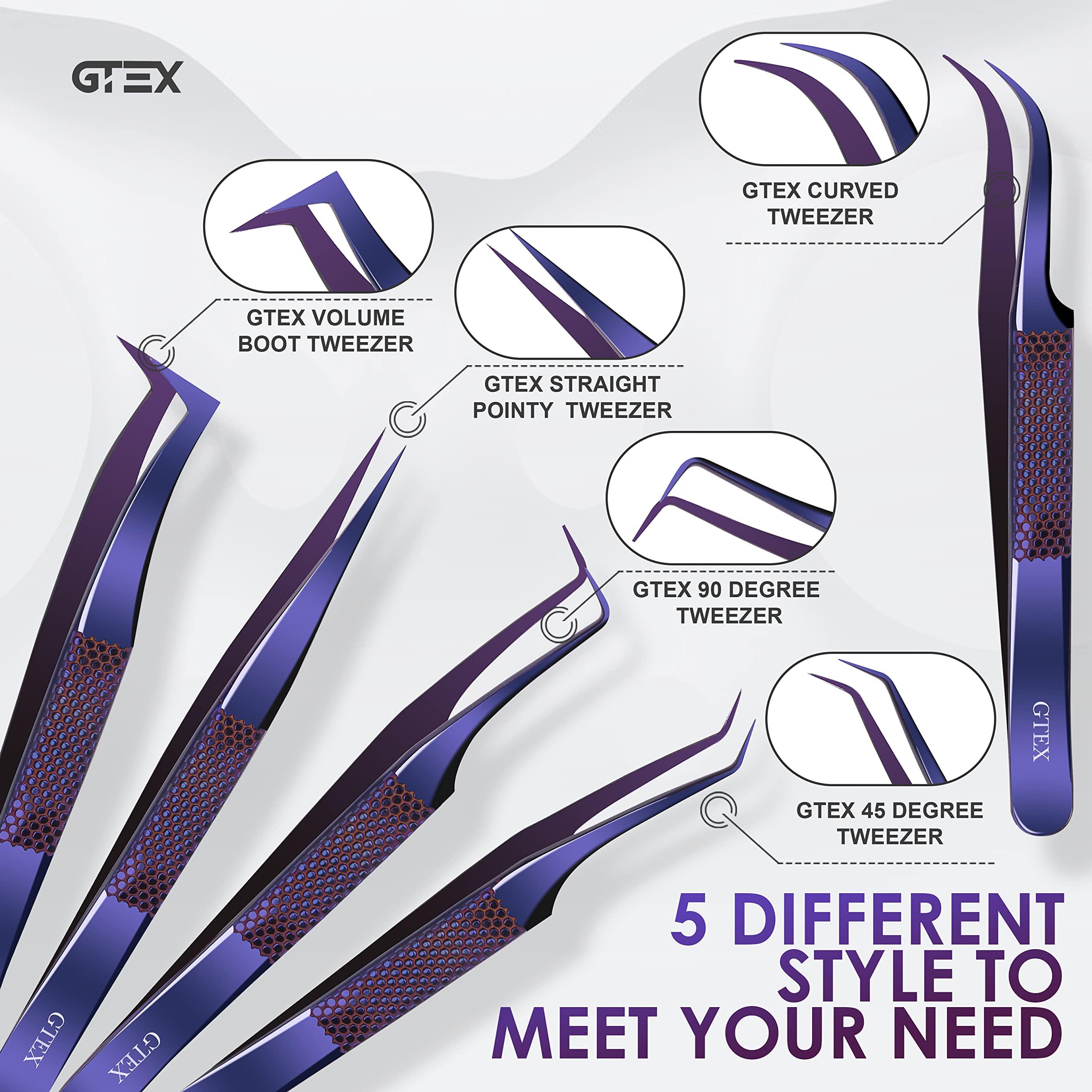 GTEX GTEX Lash Tweezers For Eyelash Extensions Tweezers, Circle Grip - Japanese Steel - Professional Eyelash Tweezers For Extensions, 5 Pack - Purple
