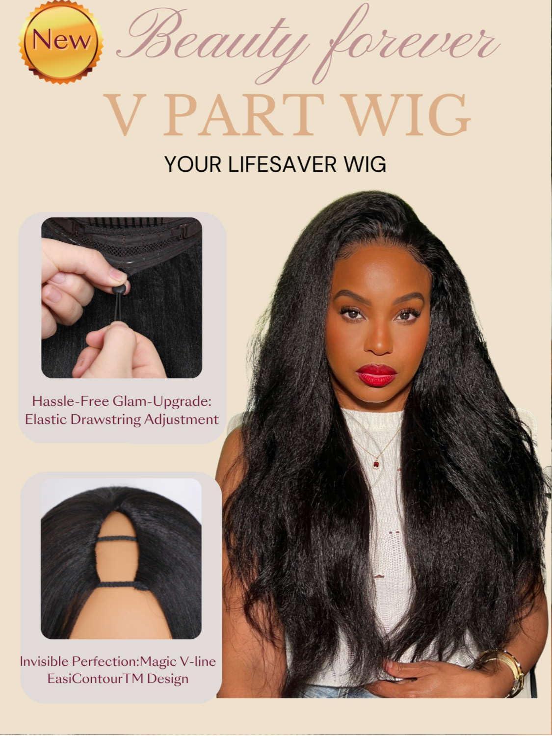 Beauty Forever Beauty Forever V Part Wig Human Hair Kinky Straight EasiContour Vpart Wigs Upgrade U Part Wigs Glueless Full Head Clip In V Shape Wigs No Leave Out None Lace Front Wig 150% Density 22inch