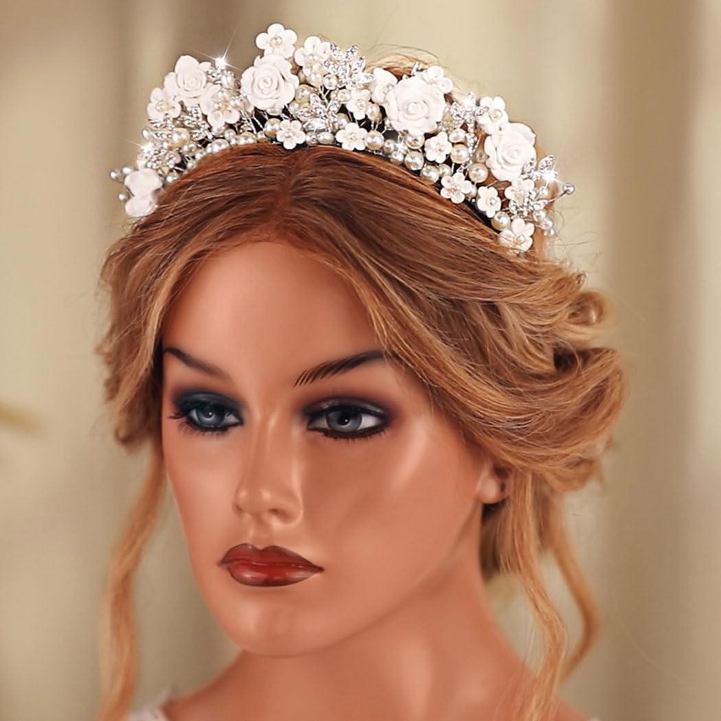 CAKURE CAKURE Flower Wedding Headband Silver Bridal Hair Band Pearl Floral Headpiece Wedding Hair Accessories for Women