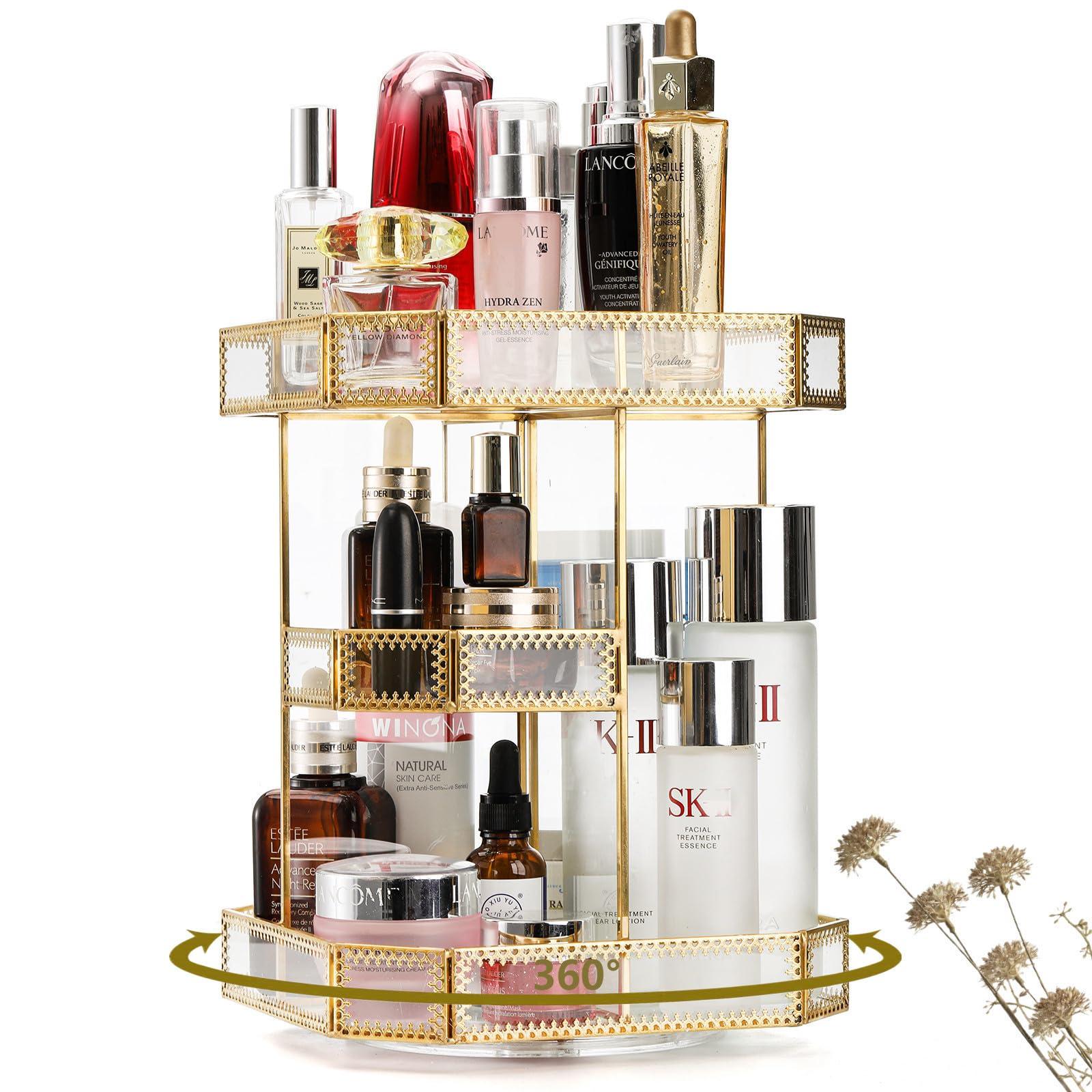ZOOFOX ZOOFOX 360 Degree Rotating Glass Makeup Organizer, Large Cosmetics Storage Display Holder with Gold Trim for Vanity, Clear Makeup Carousel for Perfume, Cosmetics, Brushes, Lotion, Lipsticks