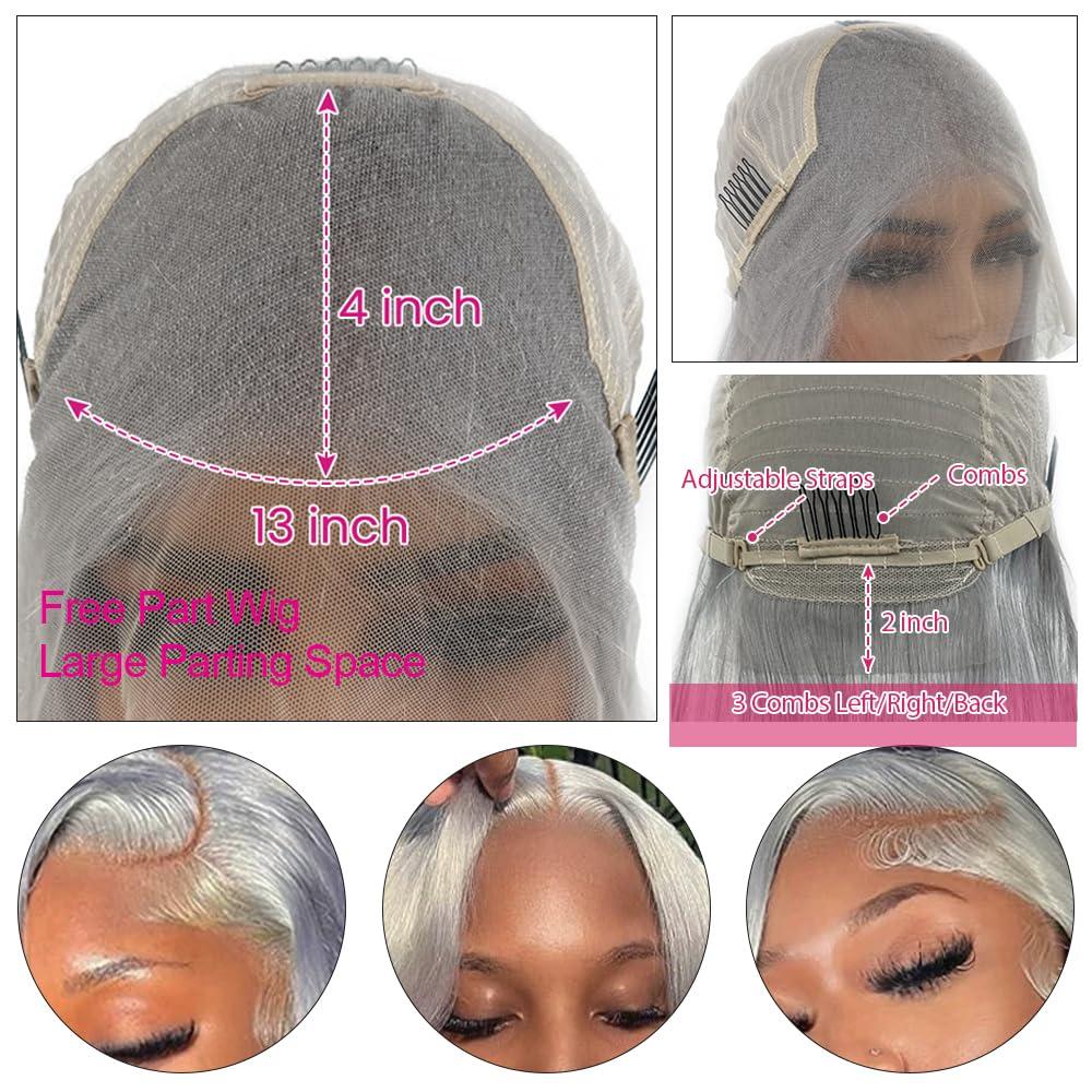 Benafee Grey Lace Front Wigs Human Hair 13x4 HD Transparent Lace Front Wigs for Black Women 32 Inch Gray Color Straight Human Hair Lace Frontal Wigs Pre Plucked with Baby Hair True 180% Density Glueless Wig