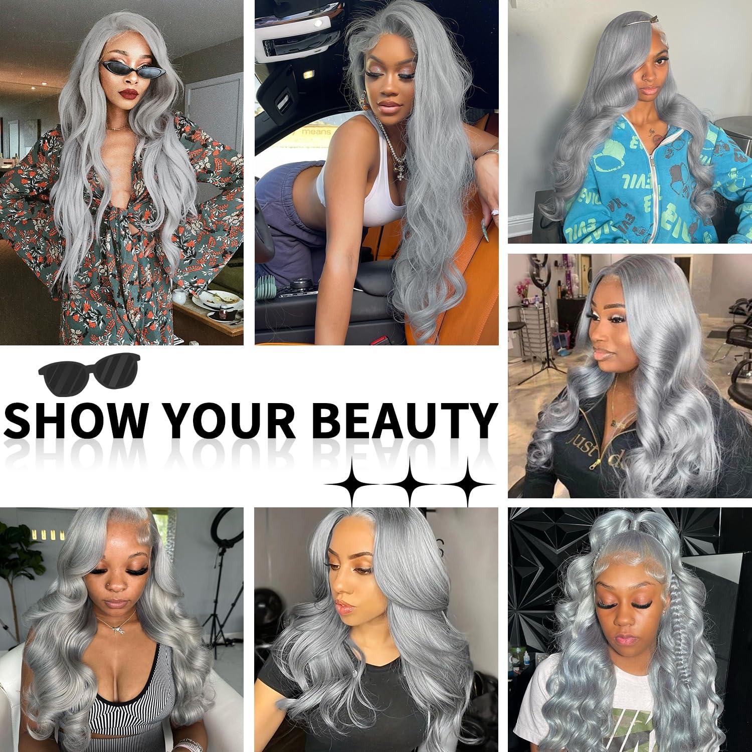 FINMOO FINMOO Grey Silver Lace Front Wigs Human Hair 200% Density Body Wave 13x4 UHD Transparent Pre Plucked Pre Cut Lace Front Wigs Glueless Wigs 613 Colored Remy Virgin Hair Wigs for Black Women 22 Inch