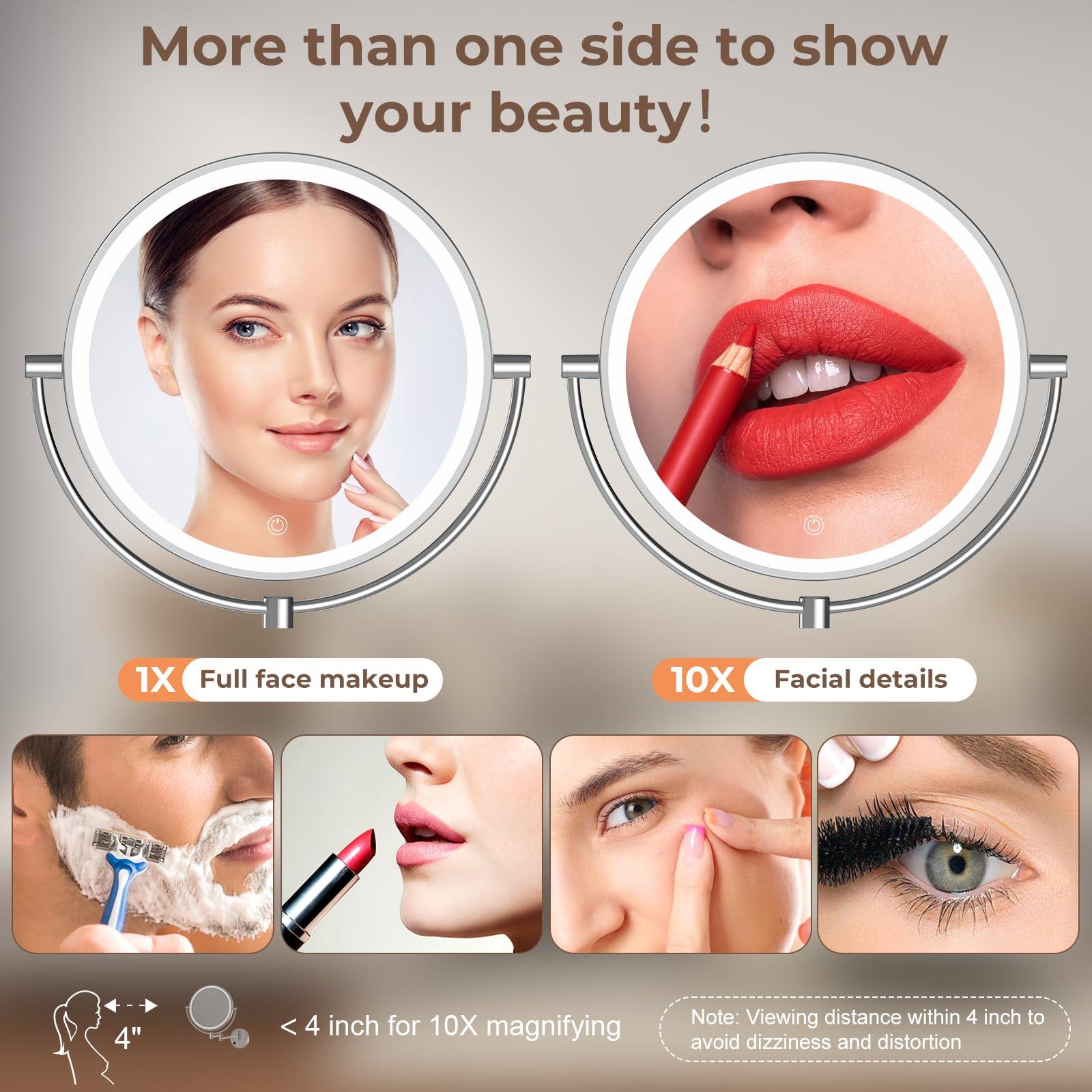 Rocollos Rocollos 9\" Plug-in Wall Mounted Lighted Makeup Mirror 1X/10X Magnification, Super Large Double Sided LED Vanity Mirror for Bathroom, 3 Color Dimmable 360Swivel Extendable Shaving Cosmetic Mirror