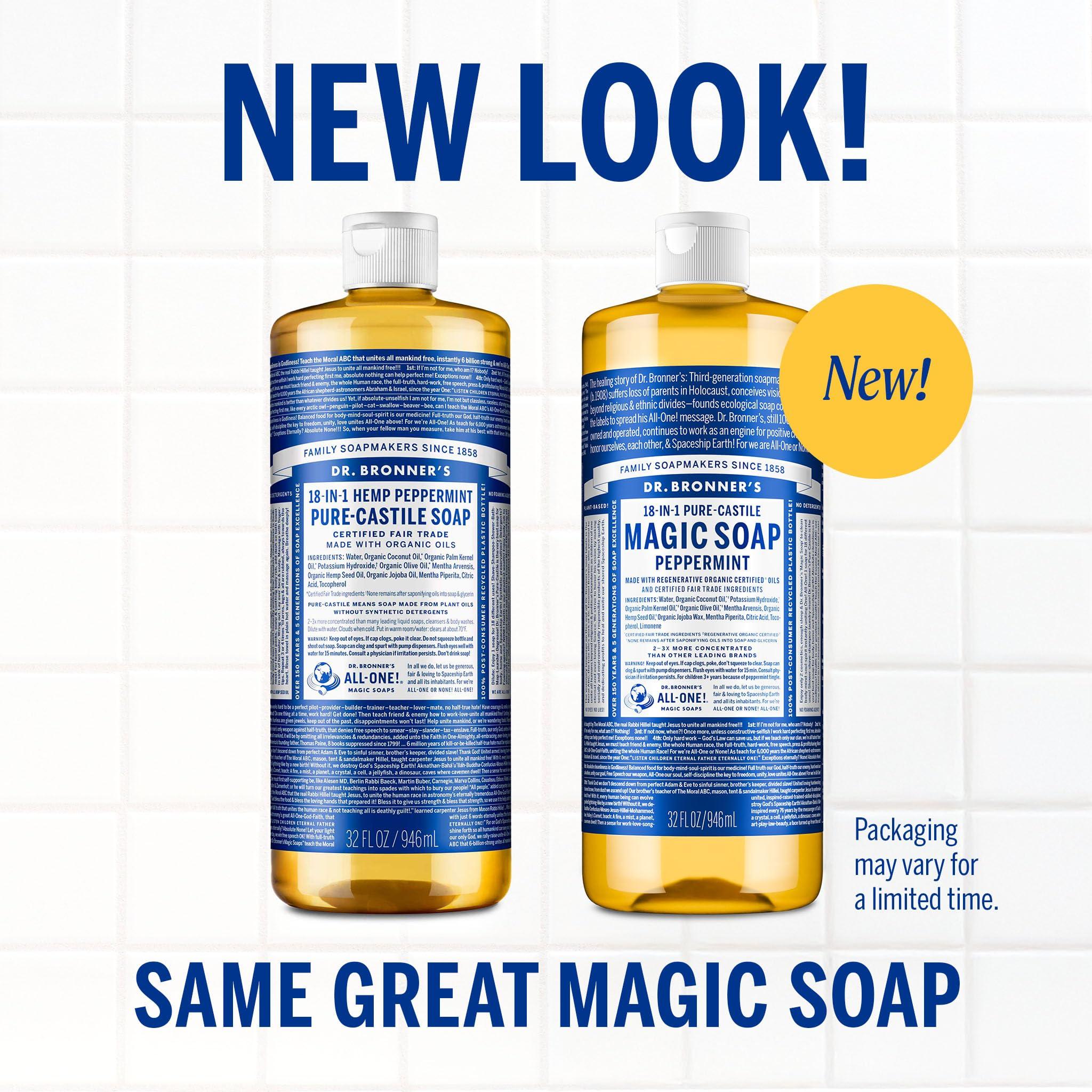 Dr. Bronner's Dr. Bronner’s - Pure-Castile Liquid Soap (Peppermint, 32 ounce, 2-Pack) - Made with Organic Oils, 18-in-1 Uses: Face, Body, Hair, Laundry, Pets and Dishes, Concentrated, Vegan, Non-GMO